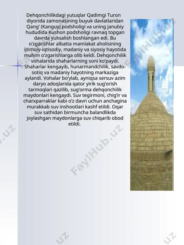 ijtimoiy hayotida kattagina nufuzga ega bo’lgan mulkdor va quldor tabaqa vakillari, qishloq oqsoqollari hamda urug’ va qabila boshliqlari ishboshi sifatida faol qatnashadilar. qo’riqlarda ochilgan yangi yer maydonlarining ma'lum bir ulushi o’sha zamon udumi bo’yicha, qonuniy ravishda sarkorlar qo’liga o’tadi va ularning vorisiy mulkiga aylanadi. el-yurtning ijtimoiy hayotidagi bunday xizmati tufayli omilkor sarkorlarning ziroatkor aholi o’rtasida obro’-e'tibori va ta'siri yanada kuchayadi. «dehqon»lar va ular xo’jaligidagi hayot sarkorlar o’zlariga tegishli yer maydonlarini sug’orish tarmoqlarining yuqori qismidan, ayniqsa to’g’on boshi atrofidan ajratib oladilar. bu yo’l bilan ular suvdan dehqonchilikda bemalol foydalanish, suv taqsimotini nazoratga olrb, qishloq aholisi ustidan o’z tazyiqini o’tkazish imkoniyatiga ega bo’ladi. shu tariqa ular qishloqlarda o’z tazyiq doirasini kengaytirib, bora-bora ziroatkor aholi ustidan hukmronlik qila boshlaydi. qishloqlarda esa, ekinzor paykallardan tashqari, ularning ko’shk va istehkomli qo’rg’onlari, objuvoz-u moyjuvoz va tegirmonlari bo’lardi. qul, cho’ri, yetim-yesirlardan iborat ko’pdan-ko’p xizmatkorlar dehqonlarning ulkan patriar-xal xo’jaligida qishin-yozin, kecha-yu kunduz beorom mashg’ul edi. bulardan tashqari, har …