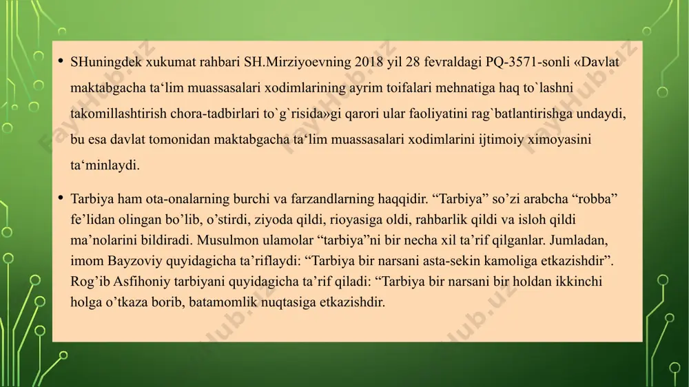 va vazifalari. 1.o‘zbekiston respublikasi prezidentining "o‘zbekiston respublikasi maktabgacha ta’lim tizimini 2030 yilgacha rivojlantirish konsepsiyasini tasdiqlash to‘g‘risida"gi qarori (№pq-4312-son 08.05.2019) 2.o‘zbekiston respublikasi prezidentining "davlat boshqaruvining ochiqligi va shaffofligini ta’minlash hamda mamlakatning statistika salohiyatini oshirish yuzasidan qo‘shimcha chora-tadbirlar to‘g‘risida"gi qarori (№pq-4273-son 09.04.2019) 3.o‘zbekiston respublikasi prezidentining "maktabgacha ta’lim tizimini boshqarishni takomillashtirish chora-tadbirlari to‘g‘risida"gi qarori (№pq-3955-son 30.09.2018) 4.o‘zbekiston respublikasi prezidentining "2018 yilda maktabgacha ta’lim muassasalarini qurish, rekonstruksiya qilish va kapital ta’mirlash manzilli dasturi to‘g‘risida"gi qarori (№pq-3822-son 02.07.2018) 5.o‘zbekiston respublikasi prezidentining "maktabgacha ta’lim tizimini yanada rag‘batlantirish va rivojlantirish chora-tadbirlari to‘g‘risida"gi qarori (№pq-3651-son 05.04.2018) 6.o‘zbekiston respublikasi prezidentining "davlat maktabgacha ta’lim muassasalari xodimlarining ayrim toifalari mehnatiga haq to‘lashni takomillashtirish chora-tadbirlari to‘g‘risida"gi qarori (№pq-3571-son 28.02.2018) 7.o‘zbekiston respublikasi prezidentining "maktabgacha ta’lim tizimi boshqaruvini tubdan takomillashtirish chora-tadbirlari to‘g‘risida"gi farmoni (№pf-5198-son 30.09.2017) 8.o‘zbekiston respublikasi prezidentining "o‘zbekiston respublikasi maktabgacha ta’lim vazirligi faoliyatini tashkil etish to‘g‘risida"gi qarori (№pq-3305-son 30.09.2017) 9.o‘zbekiston respublikasi prezidentining "nodavlat ta’lim xizmatlari ko‘rsatish faoliyatini yanada rivojlantirish chora-tadbirlari to‘g‘risida"gi qarori (№pq-3276-sоn …