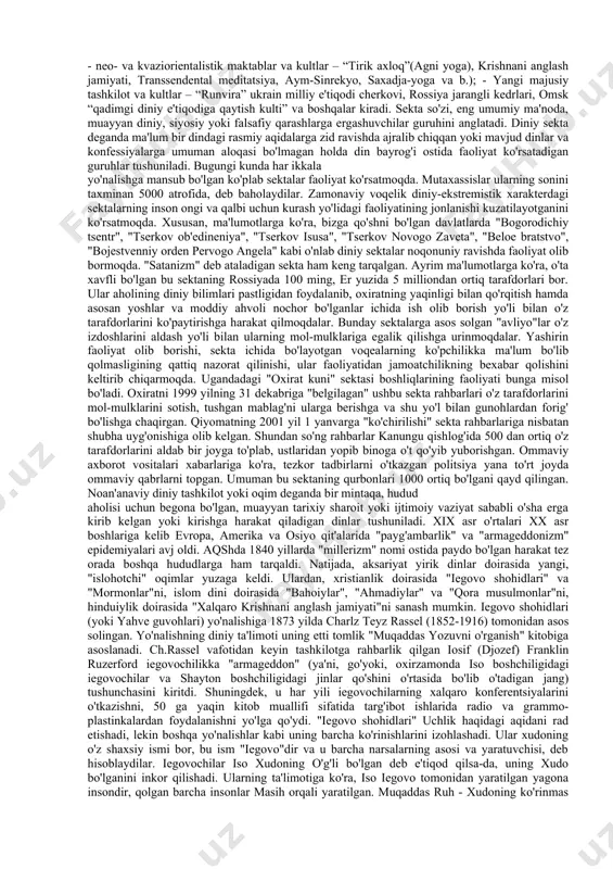 t rivojiga katta ta'sir ko'rsatgan. mutaxassislar ma'lumotlariga ko'ra, xx asrning ikkinchi yarmida xristianlik, buddaviylik, islom va boshqa dinlar doirasida yuzlab sektalar paydo bo'lgan. bu shunday jarayonlar kelajakda davom etishi mumkinligini taxmin qilish imkonini beradi. yangi diniy harakatlar deganda odatda xx asrning 70 yillarida evropa va aqshda tarqalgan noan'anaviy diniy guruhlar va oqimlar nazarda tutiladi. tadqiqotchilar bunga an'anaviy dinlardagi inqiroz davri sabab bo'lganligini ta'kidlaydilar. yadh liderlari jamiyat kayfiyatidagi o'zgarishlarni, bu “o'tkinchi dunyo”ning nuqsonlarini fosh qilib, o'zlarini “xaloskor”, yuksak axloqli “haqiqqatgo'y” sifatida ko'rsatdilar. yadh to'riga ko'proq yoshlar ilindilar. yadh qat'iy ta'limotga ega bo'lmagan tashkilot bo'lib, uning faoliyati lider roli bilan belgilangan. liderlar an'anaviy diniy qadriyatlarga qarshi tashviqot ishlarini olib borganlar. diniy hayot maxsus ishlab chiqilgan tartib qoida va nizomlar orqali amalga oshirilgan. yadhlarning ba'zilari dunyoning turli burchaklarida o'z bo'linmalariga ega bo'lgan, biznes bilan shug'ullanuvchi yirik xalqaro korporatsiyalarga aylandi. yadhlar meditatsiya amaliyotini keng qo'llaydilar, tashkiliy jihatdan piramida shaklida boshqariladi. yadhlarning aksariyati noqonuniy faoliyat …