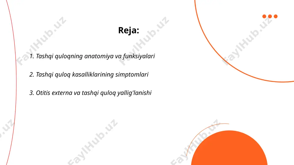 mumkin. ba’zan simptomlar oddiy sovuq yoki sinusit belgilari bilan bog‘liq bo‘lishi ehtimolga yaqin, lekin ular o‘z vaqtida davolanmasa, jiddiylashishi mumkin. alomatlar bezovta qilsa, shifokorga murojaat qilish kerak. ... t.me/slaydai_bot otit sirka yoki tashqi quloq yallig'lanishi — bu tashqi quloq kanali yallig'lanishidir. ushbu holat odatda bakterial yoki zamburug'li infektsiya sababli yuzaga keladi. asosiy simptomlar orasida quloqda og'riq, suv oqishi va eshitishning vaqtinchalik buzilishi kiradi. yuqori xavf omillari orasida suzish, quloq kanallarini noto'g'ri tozalash yoki donalardan foydalanish mavjud. kasallik tarqalishi odatda yoz oylarida va nam muhitda ortadi. davolash ko'pincha antibiotik yoki zamburug'larga qarshi tomchilardan foydalanishni o'z ichiga oladi. o'z vaqtida davolanish quloqning kuchli og'rig'i va boshqa asoratlarning oldini olishga yordam beradi. ... t.me/slaydai_bot 4. quloq kirlarining muammolari quloq kirlarining muammolari odatda gigiena yoki eshitish bilan bog‘liq bo‘lishi mumkin. har yili 36 milliondan ortiq odam eshitish qobiliyatining yo‘qolishi bilan duch keladi, bu esa ko‘pincha quloq kirlarining tiqilib qolishi natijasida yuzaga keladi. quloq kirining …