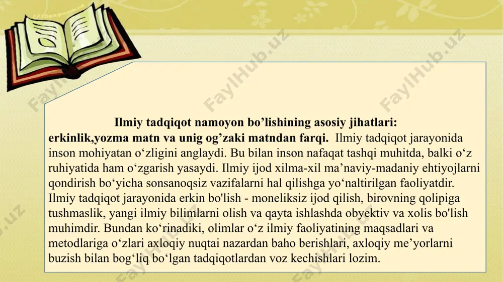 : texnikaviy tadqiqot tafakkuming ko‘rgazmali-obrazli va ko‘rgazmali-ta’sirchan komponentlariga tayanadi. 2. texnik tadqiqot jarayoni ixtirochilik, loyihalashtirishda namoyon bo‘lib, amaliyot talablariga javob beradigan mexanizmlar, konstruksiyalar ixtirosi uning natijasi hisoblanadi. shu ma’noda, texnikaviy tadqiqot ratsional va utilitar xususiyatga ega. 3. ixtiro qilingan narsa, u mavjud texnik bazis, texnik ravnaq erishgan darajaga tayansa-da, vujudga kelguniga qadar mavjud bo‘lmaydi. badiiy ijod bilan bog‘liq ilmiy tadqiqot. badiiy ijod voqelikni estetik o’zlashtirish va odamlarning estetik ehtiyojlarini qondirish bilan bog'liqdir. uning xususiyatlari quyidagilar: - garchand, badiiy ijodda mavhum-mantiqiy va ko‘rgazmalita’sirchan tafakkur ham ahamiyatga ega bo‘lsa-da, asosan ko‘rgazmaliobrazli tafakkurga tayanadi; - badiiy ijodning bosh komponenti - inson omili, ya’ni kechinmalarining cho‘qqisida namoyon bo‘ladigan emotsionallik hisoblanadi; - badiiy ijod ijtimoiy ongning maxsus shakli - san’atda amalga oshadi. uning natijasi sifatida esa qandaydir moddiy obyektda (kartina, haykaltaroshlik namunalari, adabiy asarlar va b.) aks etadigan badiiy obraz chiqadi; - badiiy ijodning ratsional tomoni yashirin bo‘lib, ko‘p hollarda utilitar mohiyatga ega bo‘lmaydi, ixtiro …