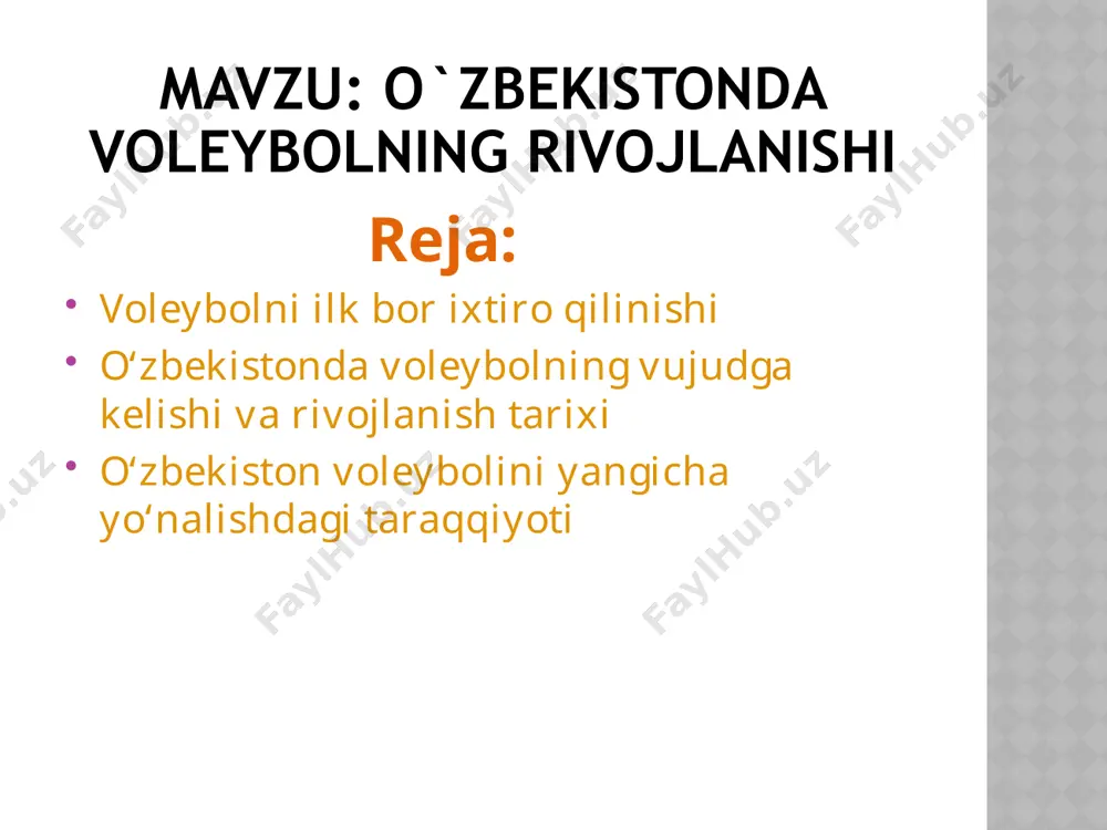 oshlab voleybol vseobuch (umumiy harbiy tayyorgarlik) tarkibiga kiritildi. ma`lumot uchun: moskvada voleybol bilan muntazam shug‘ullanishga san’at va teatr vakillari kirishdilar. 1923-yilda tashkil etilgan «dinamo» jamiyati sportning boshqa turlari bilan bir qatorda voleybolni ham targ‘ib qila boshladi. xuddi shu yillarda voleybol uzoq sharqda – xabarovsk va vladivostokda paydo bo‘ldi. 1925-yildan esa ukrainada ham rivojlana boshladi. jahon voleybol tashkilotlari o‘z oldilariga mamlakatda voleybolni ommalashtirish, tarbiyaviy ishlarni kuchaytirish, texnika va taktikani mukammallashtirish, o‘yinchilarni har tomonlama jismoniy tayyorgarligini yuksaltirish kabi qator vazifalarni qo‘ydilar. voleybolni keng ommalasha borishi musobaqalarning yagona qoidalarini ishlab chiqish zaruriyatini o‘rtaga tashladi. jumladan, 1925-yilning yanvarida moskva jismoniy tarbiya kengashi voleybol bo‘yicha musobaqalarning birinchi rasmiy qoidalarini tuzib, tasdiqladi. to‘rning balandligi – ayollar uchun 2 m 20 sm va erkaklar uchun – 2 m 40 sm qilib belgilandi. ayollar jamoalarida o‘yin 15x7,5 o‘lchamli maydonchada o‘tkaziladigan bo‘ldi. 1926-yilda moskvada yangi qoidalar asosida birinchi musobaqalar o‘tkazildi. 1927-yildan voleybol bo‘yicha moskva birinchiligi muntazam ravishda o‘tkazila boshladi. …