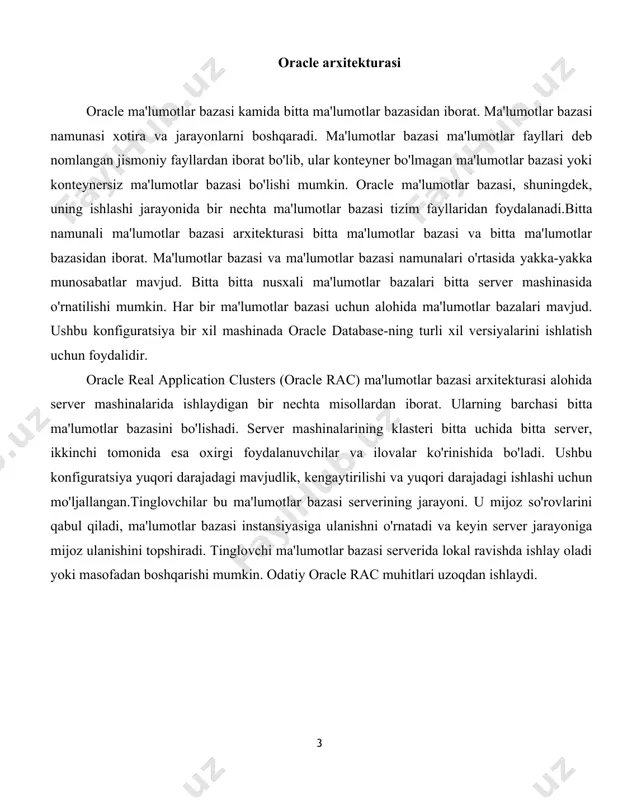 rlik. xotirani keshlash - xotirani keshlash arxitekturasi sizga hali ham yuqori tezlikda ishlay oladigan juda katta ma'lumotlar bazasini kattalashtirishga imkon beradi. ma'lumotlar lug'ati - bu oracle ma'lumotlar bazasini yanada samarali boshqarishga imkon beradigan ichki jadvallar va ko'rinishlar to'plami. zaxiralash va tiklash - tizim ishlamay qolganda ma'lumotlarning yaxlitligini ta'minlash. oracle qutqarish menejeri (rman) deb nomlangan kuchli vositani o'z ichiga oladi - dba-ga ma'lumotlar bazasini sovuq, issiq va bosqichma-bosqich zaxira qilish va vaqt ichida tiklashni amalga oshirish imkonini beradi. klasterlash - oracle real application clusters (rac) - agar klasterdagi bitta yoki bir nechta server ishlamay qolsa, oracle tizim yuqori darajadagi xizmatlarni ta'minlaydi. malumotlarni tavsiflash tilini ishlatib relyatsion mb ni yaratish ma’lumotlarning relyasion modeli matematik munosabatlar tushunchasiga asoslanadi. relyasion modelda ma’lumotlar va aloqalar jadval ko'rinishda taqdim etiladi va ularning har biri yagona nomga ega bo'lgan bir qancha ustunlardan iborat bo'ladi. ma’lumotlar bazasini tavsiflash imkonini beradi, odatda ma’lumotlarni tavsiflash tili yordamida (ddl - data …