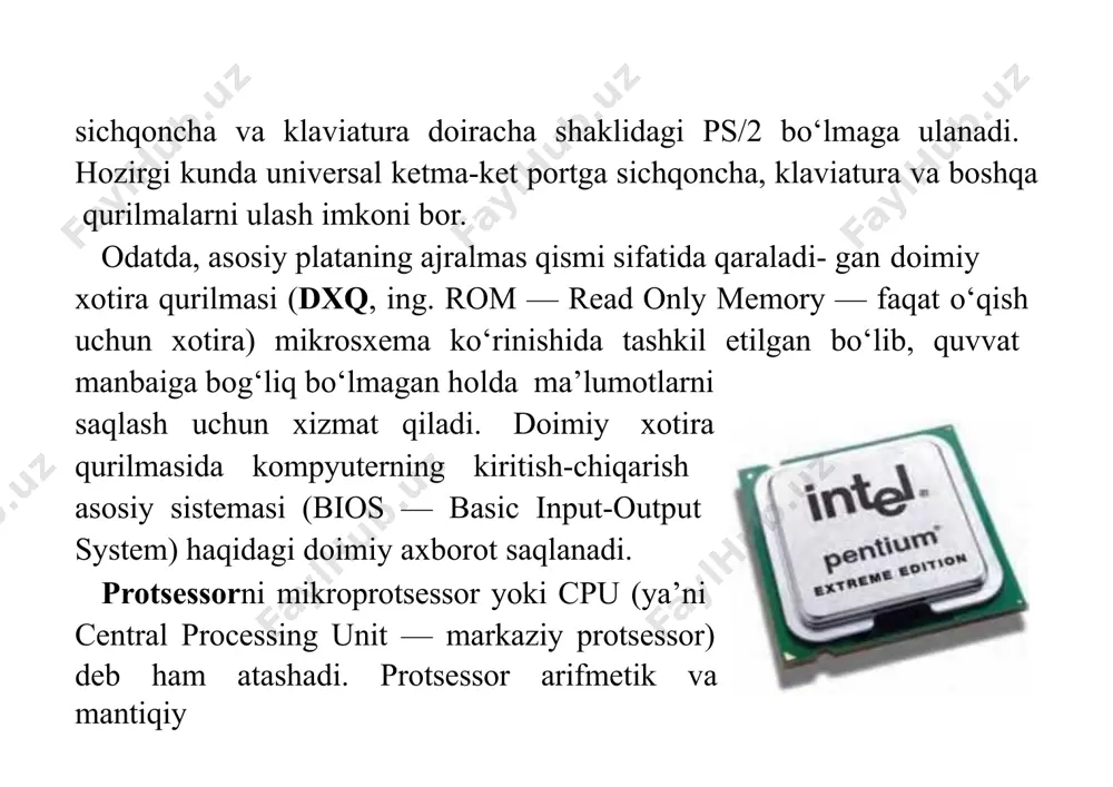erishish maqsadida ishlatiladi. tovush platasi (ing. sound adapter, adapter — moslashtiruvchi) — axborot saqlagichlarga yozilgan raqamli audio - axborotni tovushlarga aylantirib beruvchi qurilma. qurilmaning chiqish qismiga ovoz kuchaytirgich yoki karnaylarni ulash m u m kin. tovush platasi o‘z mikroprotsessoriga ega bo‘lib, tovushni kiritishda analog- raqamli o‘zgartirish va chiqarishida o‘zgartirishni ta’minlaydi. video-plata (ing. graphics adapter) — murakkab tasvirlar va millionlab ranglarni qayta ishlashni ta’minlab beruvchi plata. bu plata o‘z mikroprotsessori va tezkor xotirasiga ega bo‘ladi. zamonaviy video- plata hajmli va uch o‘lchovli grafika bilan ishlash imkoniyatiga ega. hozirgi kundagi juda ko‘p dastur va o‘yinlar 512 mb yoki 2 gb sig‘imli video- platalar bilangina ishlaydi. tarmoq platasi — kompyuterni tarmoqqa ulash imkonini beradi. zamonaviy kompyuterlarni xotiraning qattiq disk (ing. hdd, hard — qattiq, disk — disk, drive — dvigatel) deb ataluvchi turisiz tasavvur qilib bo‘lmaydi. bu xotirani asosiy xotira qurilmasi deb ham atash mumkin. chunki, birinchidan: qattiq disklar, odatda, kompyuterning sistema bloki …