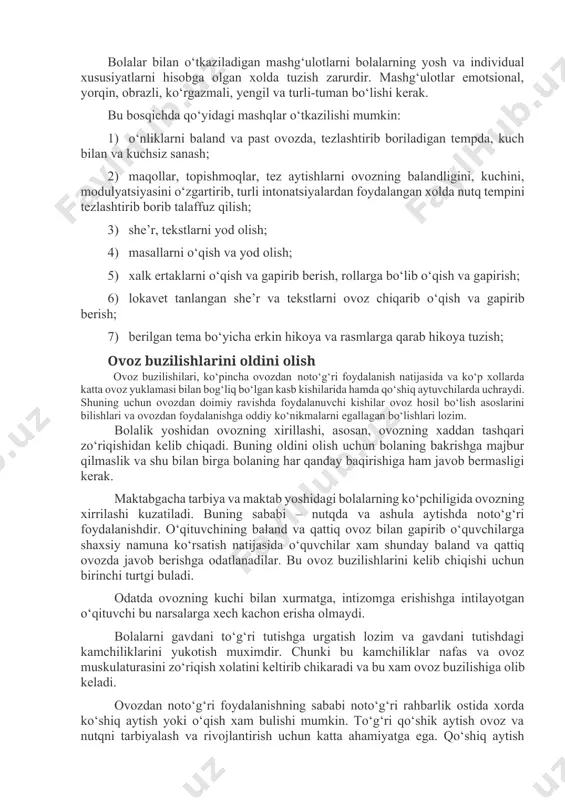 q bo‘layotgan jag‘larning qisilgan holatini yo‘qotish; 4) ovozning tekisligi, turg‘unligi va egiluvchanligini hosil qilish (har qanday ovoz kuchida, ovoz balandligida va uzunligida bir xilda ovoz chiqarish); 5) ovozning chidamliligini hosil qilish, ya’ni ovoz yuklamasi qancha davom etishidan qat’iy nazar jarangli sifatini saqlash. iii bosqich- ovoz hosil qilish jarayonini avtomatizatsiya qilish. bolalarda ovozni hosil qilish va rivojlantirish bo‘yicha olib boriladigan logopedik mashg‘ulotlarning ii va iii bosqichlarini bir-biridan qat’iy ajratish qiyin, chunki ovoz hosil qilish avtomatizatsiyasi ii bosqichdayoq boshlanadi. iii bosqichning asosiy vazifasi – ovozni bolaning kundalik nutqiga amaliy jihatda kiritish, bolani baland, jarangli ovozdan erkin, zo‘riqishsiz, toliqishsiz, tovushlarni aniq talaffuz qilgan holda foydalanishga o‘rgatishdir. bolalar bilan o‘tkaziladigan mashg‘ulotlarni bolalarning yosh va individual xususiyatlarni hisobga olgan xolda tuzish zarurdir. mashg‘ulotlar emotsional, yorqin, obrazli, ko‘rgazmali, yengil va turli-tuman bo‘lishi kerak. bu bosqichda qo‘yidagi mashqlar o‘tkazilishi mumkin: 1) o‘nliklarni baland va past ovozda, tezlashtirib boriladigan tempda, kuch bilan va kuchsiz sanash; 2) maqollar, topishmoqlar, …