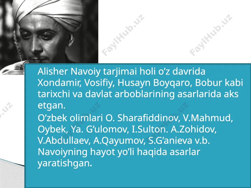 -da, maxsus «lisonut-tayr» dostoni(1499)da, «nasoyimul-muhabbat»manqabasi]]"(1495-96)da, «tarixi anbiyo va hukamo»(1485-8), «arbain», «munojot» singari asarlarida aks etgan. «lisonut-tayr»da borliq va ilohiyot haqaidagi qarashlarini, inson, tabiat va hayot haqidagi fikrlarini qushlar tili va sarguzashtlari orqali bayon qilgan. o’zbekiston mustaqillikka erishganidan so’ng navoiy asarlarini diniy va so’fiylik jihatidan o’rganish kengaydi, ular ob’ektiv va ilmiy bahosini olmoqda.«arbain», «munojot» kabi asarlari chop etildi. jomiyning «nafahotul-uns min hazarotil-quds» tazkirasini tarjima qilib va to’ldirib, so’z yuritilgan 618ta shayxlar sonini 770 taga yetkazdi. navoiyning portreti. portretqirg’izistonning isfana shahridagialisher navoiy o’rta maktabiningasosiy zalida uzoq yillar davomida turgan. portret 2012-yil mahalliy qirg’iz rasmiylarining tazyiqi ostida asosiy zaldan olib tashlangan. mahalliy rasmiylar maktab nomini almashtirishga harakat qilishmoqda. «tarixi muluki ajam» («ajam shohlari tarixi»,1488) qisqa tarix bo’lib, eron shohlari xronikasi bayon qilingan «tarixi tabariy», «shohnoma» asarlarini mantiqan to’ldiradi, ulardagi faktlarni izchil ilmiy tizimga soladi. afsonaviy shoh kayumarsdan sosoniylarning so’nggi vakili yazdi shahriyorgacha bo’lgan shohlar tarixini, mifologik talqinini beradi. «tarixi anbiyo va hukamo» («payg’ambarlar …
