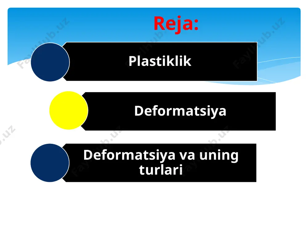 i kuch taʼsiri toʻxtagandan keyin deformatsiya yoʻqolsa (jism oʻz holiga qaytsa) elastik deformatsiya, saqlansa (jism oʻz holiga qaytmasa) plastik deformatsiya yuz beradi. elastiklik va plastiklik nazariyasida qattiq jism deformatsiyasiga oid harakat va kuchlanish oʻrganiladi. elastik deformatsiyalanuvchi qattiq jism yoʻq, har qanday qattiq jism tashqi kuch taʼsirida plastik deformatsiyalanadi. plastik deformatsiya temperatura, tashki kuch va deformatsiya tezligiga bogʻliq. tashki kuch maʼlum vaqt davomida bir xil taʼsir qilib tursa, deformatsiya vaqt oʻtgan sari oʻzgara boradi; bu hodisaga yoyiluvchanlik deyiladi. temperatura koʻtarilishi bilan yoyiluvchanlik ortadi. tashki kuch ortib borgandagi deformatsiya aktiv (faol), tashki kuch kamayib borgandagi deformatsiya passiv (sust) deformatsiya deyiladi. deformatsiyaning choʻzilish, siqilish, egilish, buralish xillari mavjud. mutlaq deformatsiyaning jism boshlangʻich oʻlchami (shakli)ga nisbati nisbiy deformatsiya deyiladi. deformatsiyaqonunlari materiallar qarshiligi, puxtaligi, inshootlar mustahkamligi va h.k.ni hisoblashda tatbiq qilinadi. siqilish va siqilish deformatsiyalari. agar bir uchida mahkamlangan bir xil tayoqqa kuch qo'llanilsa f uning o'qi bo'ylab novdadan uzoqda joylashgan bo'lsa, u deformatsiyaga uchraydi …