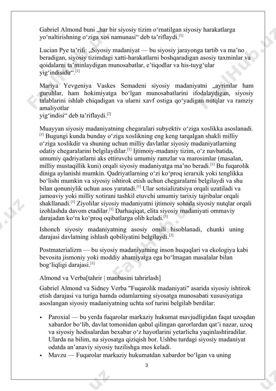 nligini yozgan. daniel j. elazar siyosiy madaniyatning uch turini aniqladi:[3] · individualistik madaniyat — bunda siyosat oʻz manfaatlarini maksimal darajada oshirishga intilayotgan shaxslar oʻrtasidagi bozor boʻlib, jamiyatning minimal ishtiroki va hukumatga qarshilik, shuningdek, yuqori darajadagi homiylik. shuningdek: neopatrimonializm . · axloqiy madaniyat — bu orqali hukumat muhim va xalqlar hayotini yaxshilash usuli sifatida koʻriladi. · anʼanaviy madaniyat — elita barcha kuchga ega boʻlgan va fuqarolarning ishtiroki kutilmaydigan status-kvoni saqlab qolishga intiladi. rossiya ishonchi past jamiyat boʻlib, hatto cherkov va armiyaning eng ishonchli institutlari ham fuqarolarga nisbatan ishonchsizroq va fuqarolik jamiyatida ishtirok etishi past.[3][5] bu shuni anglatadiki, rossiyada fuqarolik siyosiy madaniyati zaif. bundan tashqari, rossiyaning avtoritar anʼanalari, norozilik va plyuralizm kabi demokratik meʼyorlar kam qoʻllab-quvvatlanayotganini anglatadi.[6] rossiyada avtoritar hukmdorlar tarixi bor ivan iv grozniydan tortib iosif stalingacha boʻlgan, ular oprichninadan tortib buyuk tozalashgacha boʻlgan barcha potensial siyosiy raqobatchilarni ommaviy repressiya qilish bilan shugʻullangan. chor avtokratiyasi va sovet kommunizmining paydo boʻlgan siyosiy …