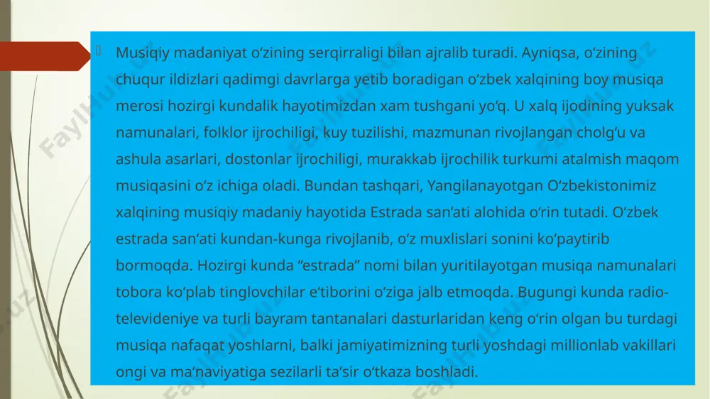 ilganligini extirof etish zarur. oʻzbek estrada sanʻati mavzusiga qytadigan boʻlsak, musiqa madaniyatimiz koʻp yillik tarixga ega. uning hozirgi kunda yoʻnalishlari va janrlari kengayib bormoqda. har bir sanʻatning oʻz asosi boʻlganidek, oʻzbek estradasining ham asosi professional qoʻshiqchilikka asoslangan. xix asrning ikkinchi yarmidan boshlab xalq orasida «estrada», «estrada konsterti», «estrada sanʻati» kabi atamalar isteʻmolga kirib kela boshladi. bu turkiston oʻlkasining shaharlariga rossiyadan gastrolga kelgan konstert guruhlarining chiqishlari bilan bogʻliq edi. xx asrning 20-30-yillarida o‘zbekistonda tashkil etilgan «ashula va raqs guruhi», «mashshoqlar to‘dasi», «musiqiy etnografik ansambl»larning xalq ommasiga ko‘rsatgan tomoshalarini «konsert», «estrada konserti» deb e‘lon qilish asta-sekin odat tusiga kirdi. shu davrdan boshlab musiqachilar ahli va xalq orasida «konsert», «estrada», «ansambl» kabi atamalar xalq orasida ommalasha bordi. 1927-yili ali ardobus (ibrohimov) samarqand shahrida yosh havaskorlardan tuzgan «ко‘k ko‘ylaklar» ansambl konsertini «estrada konserti» deb e‘lon qiladi. o‘zbekistonda zamonaviy milliy estrada san‘atini tashkil etilishi va rivojiga tamaraxonim (1906-1987) o‘zining ulkan hissasini qo‘shadi. o‘zbekistonda yevropa uslubidagi …