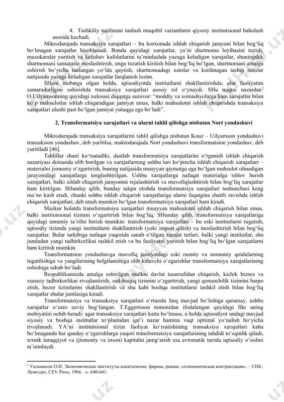 ilganidan keyingi xarajatlar axborotni qidirib topish xarajatlari - imkoniyatli sherik haqidagi, bozordagi vaziyat haqidagi axborotni qidirib topish xarajatlarini, shuningdek qo‘lga kiritiladigan to‘liqsiz va nomukammal axborot bilan bog‘liq yo‘qotishlarni o‘z ichiga oladi. monitoring va opportunizmni oldini olish xarajatlari - bitim shartlariga rioya etilishini nazorat qilish va ushbu shartlarning bajarilishidan bosh tortilishini oldini olish xarajatlari muloqot yuritish xarajatlari -almashuv shartlari, bitim shaklini tanlash haqida muloqotlar olib borish xarajatlarini o‘z ichiga oladi tafsirlash va mulkchilik huquqlarini himoya qilish xarajatlari - sudlar, hakamlar xarajatlari; shartnomani bajarish jarayonida buzilgan huquqlarni tiklash uchun zarur bo‘lgan vaqt va resurslar sarflari, shuningdek mulkchilik huquqlarining yaxshi tafsirlanmagan va ishonchsiz himoyadan ko‘rilgan yo‘qotishlar o‘lchash xarajatlari - bitim predmeti bo‘lgan tovarlar va xizmatlar sifatini o‘lchash uchun zarur bo‘lgan xarajatlar shartnoma tuzish xarajatlari - bitimni yuridik yoki xufyona (norasmiy) rasmiylashtirish xarajatlari uchinchi shaxslardan himoyalash xarajatlari - uchinchi shaxslar (davlat, uyushgan jinoyatchilik va h.k.)ning bitim natijasida olinadigan foydali samara qismiga e’tirozlaridan himoyalash xarajatlari …
