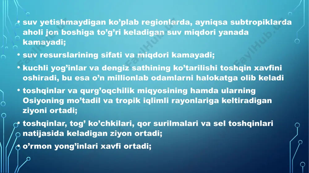 ibatlar. iqlim o‘zgarishining oldini olish va unga moslashish uchun quyidagi chora-tadbirlarni amalga oshirish talab etiladi: birinchidan, issiqxona gazlarini kamaytirish. buning uchun birinchi navbatda ishlab chiqarish korxonalari, ies va boshqa atmosferaga ifloslantiruvchi moddalar chiqaruvchi tashkilotlarda ekologik toza texnologiyalarni joriy etish orqali atmosferaga tashlanayotgan issiqxona gazlari miqdorini kamaytirish zarur. ikkinchidan, yoqilg‘ilar sifatini yanada yaxshilash hamda ekologik toza transport vositalarini kо‘paytirish, shu jumladan keng jamoatchilik uchun qulay bо‘lgan veloyо‘lakchalar tashkil etish о‘z navbatida issiqxona gazlari miqdorini kamaytiradi. uchinchidan, kо‘kalamzorlashtirish ishlarini amalga oshirish. tabiiy drenaj hisoblangan kо‘p yillik daraxtlarning ekilishi hududdagi mikroiqlimni yumshatishga sabab bо‘ladi. shuningdek, kо‘kalamzorlashtirilgan hududlarni, ayniqsa shahar va avtomobil yо‘llari chetida yashil hududlarni kengaytirish zararli moddalar miqdorini kamayishiga xizmat qiladi. tо‘rtinchidan, suvdan oqilona foydalanish. tomchilab sug‘orishni tashkil etish, suv resurslaridan oqilona foydalanish ham о‘z navbatida iqlim о‘zgarishlariga moslashish uchun xizmat qiladi beshinchidan, yashil iqtisodiyotni rivojlantirish, ya’ni chiqindisiz texnologiyalar. energiyatejamkor, resurstejamkor, chiqindisiz, kam chiqindili texnologiyalardan foydalanishni joriy etish yoki boshqacharoq qilib aytganda …