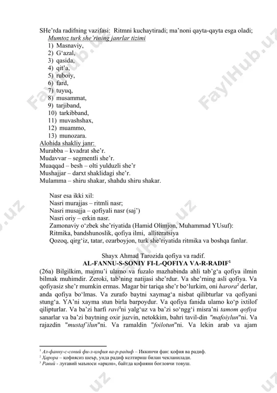 . xv-xvi asrlardagi turk tilli she’riyatda aruz. lutfiy g‘azali tahlilida ramal bilan hazaj ko‘p qo‘llanilganini qayd etgandan so‘ng: alliteratsiya, qofiya va radif. qofiyadosh so‘zlar: qilmag‘ay, ochilmag‘ay, sanchil mag‘ay, aytilmag‘ay, ayrilmag‘ay. raviy (qofiya hosil qiladi): qil – ochil – sanchil – aytil – ayril (ma – takror; g‘ay – takror). ikkilangan holatdagi alleteratsiya matnda kelishi: ko‘rub dardim tarahhum qilmading hech, to‘kub ashkim tabassum qilmading hech. v - - - | v - - - | v - - tabassum – tarahhum – tavahhum – takallum – tazallum – tana’um – tarannum. bu erda raviy “m”; qilmading hech – radif. she’rda radifning vazifasi: ritmni kuchaytiradi; ma’noni qayta-qayta esga oladi; mumtoz turk she’rining janrlar tizimi 1. masnaviy, 1. g‘azal, 1. qasida, 1. qit’a, 1. ruboiy, 1. fard, 1. tuyuq, 1. musammat, 1. tarjiband, 1. tarkibband, 1. muvashshax, 1. muammo, 1. munozara. alohida shakliy janr: murabba – kvadrat she’r. mudavvar – segmentli she’r. muaqqad …