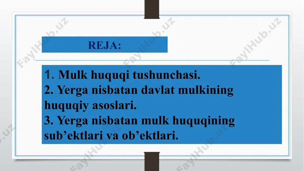 at o’rnatish huquqi; foydalanish huquqi, ya’ni ne’matlarning foydali xossalarini o’zi uchun qo’llash huquqi; boshqaruv huquqi, ya’ni ne’matlardan foydalanishni kim va qay yo’sinda ta’minlashini hal etish huquqi; daromad olish huquqi, ya’ni ne’matlardan foydalanish orqali natija olish huquqi; suverenlik huquqi, ya’ni ne’matni begonalashtirish, iste’mol qilish, o’zgartirish yoki yo’q qilish huquqi; xavfsizlikni ta’minlash huquqi, ya’ni ne’matni tashqi muhit tomonidan zarar keltirilishidan himoyalash huquqi; ne’matni merosga berish huquqi; ne’matga ega bo’lishning muddatsizligi huquqi; ne’matdan tashqi muhitga zarar etkazuvchi usullar orqali foydalanishni taqiqlash huquqi; qarz uchun to’lov sifatida javobgarlik huquqi, ya’ni qarzni uzishda ne’matdan to’lov sifatida foydalanish imkoniyatini qo’llash huquqi; qoldiq tavsifidagi huquq, ya’ni buzilgan vakolatlarni tiklanishini ta’minlovchi tartib va muassasalarning amal qilishi huquqi. o‘zbekiston respublikasi hududidagi yer resurslariga nisbatan mulk huquqi o‘zbekiston respublikasining fuqarolik kodeksida, “o‘zbekiston respublikasida mulkchilik to‘g‘risida”gi, yer kodeksida va “tabiatni muhofaza qilish to‘g‘risida”gi qonunlarda belgilanagan. mulk huquqi yerlar kimga tegishliligini va mulkdorlarning tabiiy resurslarga nisbatan vakolatlarini anglatadi. yerga nisbatan mulk huquqi …