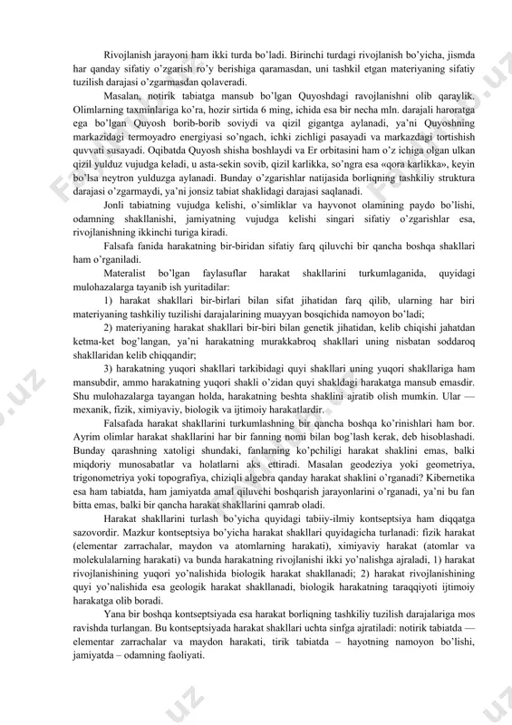 r. albatta bu ta’riflarni bir yoqlama mutlaqlashtirib tushunmaslik lozim. bu ta’riflarda ko’proq sezgi a’zolarimizga bevosita ta’sir etishi mumkin bo’lgan reallik nazarda tutilgan. xx asrning o’rtalariga kelib, kvant mexanikasi, nisbiylik nazariyasi va hozirgi zamon kosmologiyasi sohalaridagi ilmiy yutuqlar kishilarning ob’ektiv olam hakidagi tasavvurlarini tubdan o’zgartirib yubordi. natijada, tabiatshunos olimlar sezgilarimizga bevosita ta’sir etishining imkoni bo’lmaydigan realliklar haqida ham tadqiqotlar olib bora boshladi. olamning klassik mexanika nuqtai nazaridan kelib chiqib, nisbatan kichik tezlikda harakatlanuvchi sistemalar haqidagi ilmiy manzarasi o’rnini yangicha ilmiy manzaralar egallay boshladi. bu esa materiya haqidagi tasavvurlarning yanada rivojlanishiga sharoit tug’dirdi. bu o’zgarishlarni hisobga olib, marksist-faylasuflar bu ta’rifga sezgilarimizga bevosita yoki bilvosita (ya’ni turli asboblar; qurilmalar vositasida) ta’sir etuvchi, degan qo’shimcha kiritishdi. shunday qilib, bu ta’rif go’yo materiyaning moddaviy va nomoddaviy shakllarini, ya’ni modda va antimodda ko’rinishlarini qamrab oluvchi ta’rifga aylandi. materialistlar materiyani ob’ektiv reallik, deb ta’riflashadi. ob’ektiv reallik inson sezgilariga bog’liq bo’lmagan holda, undan tashqarida mavjud bo’lgan voqelikdir. bu …