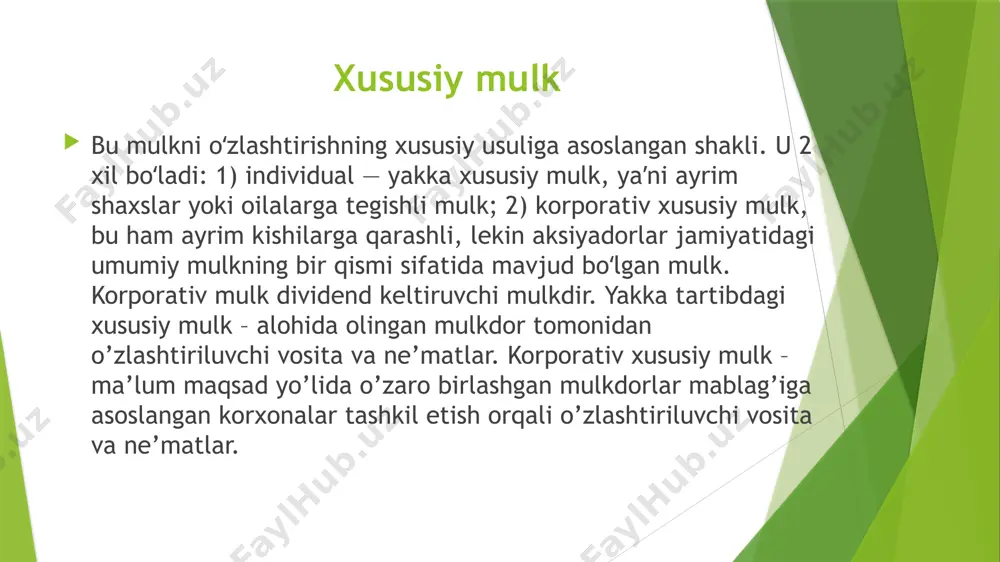 a yuqori bo‘lgan mamlakatlarda bu mulkning ma’lum qismini davlat tasarrufidan chiqarish va xususiylashtirishni taqozo qiladi. davlat tasarrufidan chiqarish – davlat korxonalarini va tashkilotlarini xo‘jalik shirkatlari va jamiyatlariga, ommaviy mulk bo‘lmaydigan boshqa korxonalar va tashkilotlarga aylantirishdir. xususiylashtirish – jismoniy shaxslarning va davlatga taalluqli bo‘lmagan yuridik shaxslarning ommaviy mulki obyektlarini yoki davlat aksiyali jamiyatlarining aksiyalarini davlatdan sotib olishidir1 . bundan ko‘rinadiki, mulkni davlat tasarrufidan chiqarish xususiylashtirishga qaraganda ancha keng tushuncha. xususiylashtirish - davlat mulkiga egalik huquqining davlatdan xususiy shaxslarga o‘tishidir. xususiylashtirish mulkni davlat tasarrufidan chiqarish, dan tashqari, bu mulk hisobidan boshqa nodavlat mulk shakllarini vujudga keltirishni ham ko‘zda tutadi. davlat mulkining xususiylashtirish usullari o’zbekistonda xususiy islohotlarning dastlabki pallasidayoq mulkchilikning hamma shakllari teng huquqli ekanligi konstitutsion tarzda e’tirof qilindi va davlat mulki monopolizmini tugatish hamda bu mulkni xususiylashtirish hisobiga ko’p ukladli iqtisodiyotni real shakllantirish vazifasi qo’yildi. avvalo mulkchilikning turli xil shakllarining qaror topishi uchun teng huquqiy me’yorlar va amal qilish mexanizmlari yaratildi. o’zbekistonda …