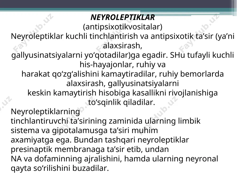 i; aminazinni enteral va parenteral yo‘l bilan qo‘llash mumkinn. 6 soat ta’sir etadi. mitdan yomon so‘riladi. ko‘p qismi jigarda parchalanadi. buyrak va ichak orqali ajraladi. davomli qo‘llanilganda aminazinga ko‘nikish rivojlanadi, lekin antipsixotik ta’sir kuchi o‘zgarmaydi. etaperazin- faol neyroleptik hisoblanadi. qayt qilishni va xichoqni bartaraf etish kuchi bo‘yicha aminazindan ustun keladi. miorelaksantlik ta’siri bor. uyqu chaqiruvchi, narkotik va boshqa mnsga susaytiruvchi moddalar ta’sirini aminazinga nisbatan kamroq kuchaytiradi. gipotermik, adrenolitik ta’siri bo‘yicha aminazindan kuchsiz, lekin antipsixotik ta’sir kuchi bo‘yicha aminazindan ustun. shuning uchun aminazinni ta’siri kamaygan bemorlarda yaxshi samara beradi. gipotenziv, adrenoblokatorlik, xolinoblokatorlik va spazmolitik xususiyatlari aminazinga nisbatan 2 marta kamroq. ftorfenazin - kuchli neyroleptik va qayt qilishni to‘xtatish ta’siriga ega. markaziy nerv sistemasida dofamin retseptorlarini adrenoretseptorlarga nisbatan kuchli qamal qiladi. kuchli antipsixotik ta’siri, mutadil faollashtiruvchi (quvatlantiruvchi) ta’siri bilan mujassamlashgan. faqat katta dozalarda sedativ (tinchlantiruvchi) ta’sir namoyon bo‘ladi. alahlash va gallyusinatsiyalarga o‘xshash holatlarda triftazinga nisbatan samaradorligi sustroq. qo‘llanilganda tez-tez ekstrapiramid buzilishlar rivojlanadi, …