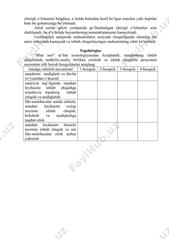 a), xili (tipi). oldindan standartlashtirishda me’yoriy hujjatlar mahsulotning hayoti davrining ilk bosqichlarida ishlab-chiqiladi va tasdiqlanadi. bu holda pog‘onali ko‘rsatkichli standartlarni yaratish va normativ (me’yoriy) hujjatlarni yaratishni boshqarish funksiyasini bajaradi. oldinlashgan standartlarni yaratish jarayonida ilm-fan va texnika rivojlanishi tekdensiyasi (intilishi) ning yutuqlari inobatga olinadi. bundan tashqari joriy qilishda va keyinchalik standartlardagi sifat ko‘rsatkichlarini ta’minlashda inobatga olinadi. oldinlashgan standartlarni yuqori sifatli mahsulot ishlab chiqishni tashkil etish rejasi deb qarash mumkin. o‘zbekistonda istiqbolli standart sifatida qabul qilingan xalqaro standartlar ham oldinlashgan standart bo‘lishi mumkin. parametrik standartlashtirish standartlashtirishga qo‘yilgan masalalarni echishda (hal etishda) parametrik standartlar alohida va muhim o‘rin turadi. xalq xo‘jaligiga ko‘proq ratsional (maqul) bo‘lgan mashinalar, asboblar va sh.k.ning parametrlarini va o‘lchamlarini (razmerlarini) qatorini belgilaydi. parametrik qatorlarni ishlab chiqish birinchi navbatda standartlashtiriladigan kattaliklar tizimida yagona qonuniylikni talab etadi. bularga quyidagi tavsiflarni keltirish mumkin: quvvat, aylanish chastotasi, unumdorlik, ko‘tarish qobiliyati, kuchlanish (usilie) va boshq. bu masala afzal sonlar qatorini o‘rnatish bilan echiladi. (hal etiladi, …