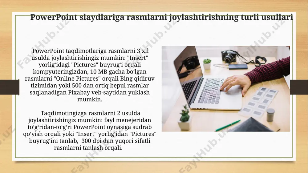 sh mumkin. bu rasmni optimal joylashtirishga yordam beradi. powerpoint’ning "kesish" vositasi yordamida rasmning 200x150 piksel qismini aniq o'lchamlarda kesib olish mumkin, bu esa prezentatsiyangizga aniqlik bag'ishlaydi, masalan, toshkent shahri fotosuratini kesishda foydalanish mumkin. rasm yorliqlarini qo'shish rasm yorliqlarini qo'shishda, powerpoint 2019 yoki undan keyingi versiyalarida 3 ta turli xil usul mavjud: matn qutisidan foydalanish, shakl qo'shish va tayyor yorliq shablonlaridan tanlash. ushbu usullar sizga 10 dan ortiq turdagi shriftlar va 255 ta rang palitrasi imkoniyatini beradi. rasm yorliqlarini joylashtirishda, ularning o'lchamini va shrift hajmini mos ravishda tanlash muhim. masalan, katta rasm uchun kamida 12 punktli shrift, kichik rasm uchun esa 8-10 punktli shrift tavsiya etiladi. bu moskva shriftidan foydalanishingiz mumkin. rasmlar bilan ishlashning samarali usullari suratlarni adobe photoshop kabi professional dasturlar yordamida tahrirlash, 1000 dan ortiq rangli palitra va turli effektlar qo'llash powerpoint prezentatsiyasining sifatini sezilarli darajada oshiradi. google drive yoki dropbox kabi bulut xizmatlaridan foydalanib, 500 mb dan ortiq …