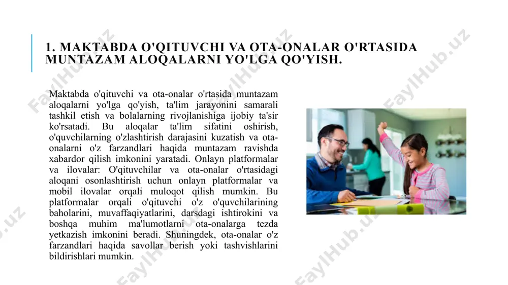 ayonida ota-onalarning faol ishtirokini oshirish uchun, ularga mo'ljallangan treninglar va seminarlar tashkil etish mumkin. bunday treninglar ota-onalarga farzandlarining o'qishiga qanday yordam berish, ularning ehtiyojlarini qanday aniqlash va ta'lim jarayoniga qanday qo'shilish kerakligi haqida ma'lumot berishi kerak. ota-onalar uchun maxsus psixologik yoki pedagogik treninglar, bolalar bilan muloqot qilish va ta'lim jarayonini boshqarish bo'yicha ko'nikmalarni rivojlantirishga yordam beradi. ota-onalar bilan muntazam uchrashuvlar: ota-onalar uchun alohida dastur sifatida, ular bilan muntazam ravishda uchrashuvlar va fikr almashish sessiyalarini tashkil etish mumkin. bu uchrashuvlarda o'qituvchilar va ota-onalar bolalarning ta'limidagi muammolarni muhokama qilib, kelgusidagi rejalashtirilgan tadbirlar va o'quvchilarning rivojlanish strategiyalarini belgilashlari mumkin. ota-onalar o'z farzandlari haqida ma'lumot olishlari, darslarga qanday yaxshiroq yondashish haqida fikr almashishlari mumkin. raqamli kuzatuv tizimlari: ota-onalar uchun raqamli kuzatuv tizimlari yaratish, ularni farzandlarining darsdagi ishtirokini, baholarini, darslarni o'tkazish natijalarini va boshqa muhim ko'rsatkichlarni kuzatishga imkon beradi. bunday tizimlar ota-onalarga farzandlarining o'qishdagi muvaffaqiyatlarini vaqtida baholash, yordam berish va zarur bo'lganda qo'llab-quvvatlash choralarini ko'rish …