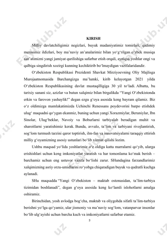 oshqa narsa haqida o‘ylamasligi uchun davlat barcha sharoitlarni yaratib berishi zarur. shu bois o‘qituvchi, murabbiy va metodistlar mehnatiga munosib haq to‘lash bo‘yicha boshlagan ishlarimiz kelgusi yilda ham davom ettiriladi. buyuk mutafakkir shoirimiz mir alisher navoiy o‘z davrida yoshlarga murojaat qilib, “quyoshliq istasang, kasbi kamol et”, deb yozganlar. chindan ham, odamlarga quyoshdek beminnat nur taratishni, yaxshilik qilishni istaydigan inson, kamolotga intilib, turli ilm va kasb-hunarlarni o‘zlashtirishi lozim degan fikrlarni bildirdilar. · o‘zbekiston respublikasining 2017-2021 yillarda rivojlantirishning ustuvor yo‘nalislari bo‘yicha harakatlar strategiyasining to‘rtinchi bosqichi ijtimoiy sohani rivojlantirishga qaratilgan. milliy tarbiya barcha tarbiyaning asosidir. shuning uchun ham mustaqillikning dastlabki yillaridan eng avvalo ta’lim tizimini isloh qilish, uni milliy-ma’naviy qadriyatlar negizida shakllantirish, jismoniy sog‘lom, ma’naviy yetuk, aqliy barkamol insonlarni tarbiyalashga asosiy e’tibor qaratildi. · iqtidorli yoshlarimizni har tomonlama qo‘llab-quvvatlash, ularni ijodiy kamoloti uchun barcha sharoitlarni yaratib berish ustuvor vazifalarimizdan biri bo‘lishi kerak. sh.mirziyoev. “xalqimizning roziligi bizning foliyatimizga berilgan eng loyiq bahodir”.208-bet] kurs ishi mavzuning …