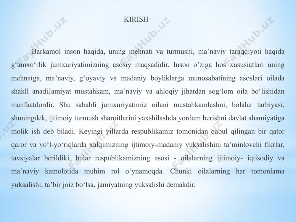 asoslash, empirik ma’lumotlarni matematik-statistik jihatdan qayta ishlash, ma’lumotlarni umumlashtirish. kurs ishining ob’ekti: oilada farzand tarbiyasining ijtimoiy psixologik xususiyatlari. oilaviy munosabatlar , ota-ona va farzandalarning o‘zaro iunosabatlari, kurs ishining tuzilishi: kirish, to’rtta reja, xulosalar, amaliy tavsiyalar, foydalanilgan adabiyotlar ro‘yxati. 1. bola tarbiyasida oilaviy munosabatlarning ijtimoiy psixologik xususiyatlari. tarbiya har qanday jamiyatini muhim vazifasidir.tarbiya - bu shaxsning ijtimoiy ma’naviy va ishlab chiqarish faoliyatiga tayyorlash maqsadida uning ma’naviy, jismoniy kamolotiga muntazam ravishda ta’sir ko‘rsatish jarayonidir. birinchi prezidentimiz i.a.karimov; «ta’limning yangi modeli jamiyatda mustaqil fikrlovchi erkin shaxsning shakllanishiga olib keladi. o‘zining qadr-qimmatini anglaydigan, irodasi baquvvat, iymoni butun, hayotda aniq maqsadga ega bo‘lgan insonlarni tarbiyalash imkoniga ega bo‘lamiz» deb ta’kidlagan edilar. tasavvur qiling: ilmi zo‘r, katta ixtirolarga qurbi yetadigan, qonunlarni yaxshi o‘zlashtirgan mutaxassis - ma’naviyatisiz, tarbiyasiz, axloqsiz bo‘lsa nima bo‘lishi mumkin? u o‘z manfa’atlarini o‘ylaydi, vatan uchun biror narsa qurbon qila olmaydi, chunki u -xudbin. unda mehrg oqibat, fidoiylik, vatanparvarlik, milliy g‘urur yo‘q. u muxtojlarga …
