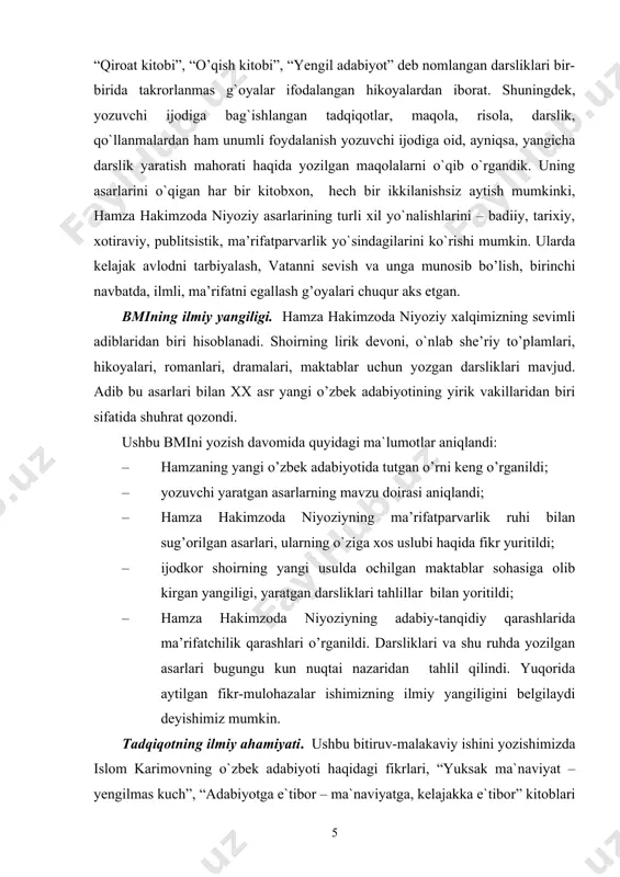 oshlaydi.biroq madrasa ta’limi hamzani qanoatlantirmaydi. shunga ko‘ra, u lutfiy, navoiy, gulxaniy, muqimiy, furqat asarlarini mustaqil suratda mutoala qiladi, o‘rganadi. hamza 1911 yili qo‘qonning hojibek guzarida maktab ochib, yetim va kambag‘al bolalarni o‘qitadi, o‘quvchilar uchun “yengil adabiyot”, “o‘qish kitobi” o‘quv qo‘llanmalarini yaratadi.hamzaning ijodi va o‘qituvchilik faoliyati o‘sha vaqtdagi hukumat amaldorlarini tashvishga soladi. ular hamza maktabini «xavfli, bolalarni buzuvchi, din va ma’rifatdan ozdiruvchi maktab” deb qoralab yoptirib, o‘zini ta’qib eta boshlaydilar. hamza 1913 yil fevralda chet elga ketib, afg‘oniston , hindiston, makka, madina, shom (suriya), bayrut, istambul, odessa shaharlarida bo‘ladi va 1914 yil boshlarida qo‘qonga qaytadi. 1915 yilda shohimardonda maktab ochadi, muallimlar tayyorlaydigan kurs tashkil etadi, bu o‘quv muassasasi chinakam xalq maktablarining dastlabki namunasi edi. hamza bu maktabda yoshlarga dunyoviy fanlarni o‘qitadi, aqliy, axloqiy tarbiyaga alohida ahamiyat beradi. hamza hakimzoda 1915-1916 yillarda yaratgan “oq gul”, “qizil gul”, “pushti gul”, “sariq gul” kabi ashulalar to‘plamlarida, “milliy roman yoxud yangi saodat” qissasi, “zaharli hayot” …