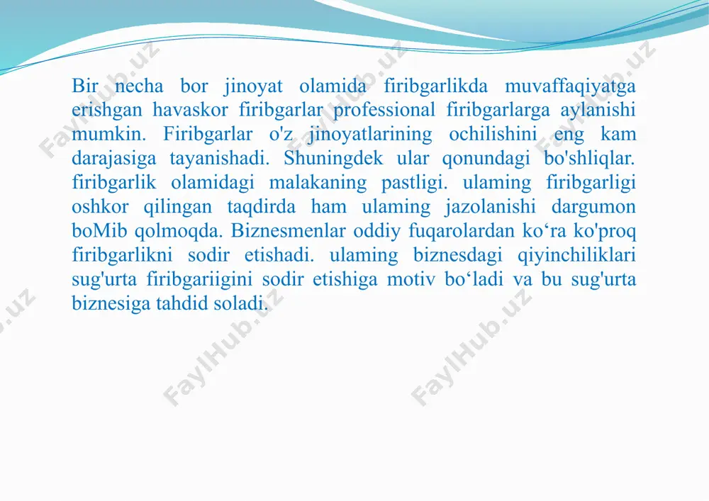 mashvo va transfer qurilmalar ham sug'urta shartnomasiga kiritilgan bo'lishi mumkin. kundan kunga mulkiy sug'urta doirasida mulkka yetkaziladigan hamma zarar risklarini sug'urta qilishni iloji yo‘q. tvefjms sug'urtasida uchraydigan 12 ta eng mashhur sug'urta firibgarliklari: s o'g'irlangan polis blankalaridan fovdalanish: blankalaming qasddan buzilishi va ulami hisobdan chiqarish— "polis ijarasi”; ■f agentlar tomonidan sug'urta mukofotining sun'iy ravishda pasaytirilishi: soxta blanka va muhrlardan foydalanish; s sug'urta kompanivasini ogohlantirmasdan polisga qo'shimcha haydovchilami qo'shish; savariyani uyushtirish; s yth fitnasi “podstava”; ^ ikki marta sug'urtalash va ikki marta qoplama olish: ^ yth dan keyin polisni rasmiylashtirish; s texnik tekshiruv natijalarini soxtalashtirish; ^ tibbiy ekspertiza natijalarini soxtalashtirish; hayotsug'urtasi sohasidagi firibgarlik sug'urta bozorida ham har qandav boshqa moliyaviy bozorlar singari sug'urta firibgarligiga taalluqli iqtisodiv jinoyatlar yuzaga keladi. sug'urta bozorining huquqiy muammolarini asosan sivilistlar va kamdan kam hollardajinoiy huquq organlarining mutaxasssislar tadqiq etishadi. biroq sug'urta sohasida va umuman sug'urta firibgarligida jinoyatlar sonining o'sishi xususan hayotga va jinoiy-huquq yo'nalishini tadqiq etishga …