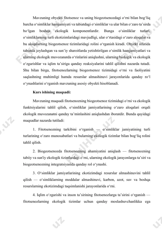 a tutgan o‘rnini o‘rganish. 4. resurslar almashinuvining o‘simliklar jamiyatlarida qanday amalga oshirilishini aniqlash: moddalar aylanmasi, suv, uglerod, azot va boshqa tabiiy resurslarning ekosistemadagi taqsimlanish jarayonlarini tahlil qilish. 5. iqlim o‘zgarishi va inson ta’sirining fitotsenozga ta’sirini o‘rganish: iqlim o‘zgarishi, landshaft o‘zgarishlari va inson faoliyati (dehqonchilik, sanoatlashuv va boshqalar) natijasida fitotsenozlarda yuz berayotgan o‘zgarishlarni va bularning biogeotsenoz tizimidagi o‘zgarishlarga ta’sirini aniqlash. 6. fitotsenozning ekologik barqarorlikni saqlashdagi ahamiyatini ko‘rsatish: o‘simliklarning ekosistemada barqarorlikni ta’minlashdagi va tabiiy resurslarni boshqarishdagi rolini tahlil qilish. 7. sun'iy fitotsenozlarni o‘rganish va ularni ekologik tizimlarga moslashtirish: o‘simliklar jamiyatlarini sun'iy ekosistemalarda (misol uchun, issiqxonalar, dehqonchilik) rivojlantirish va ularning biogeotsenoz tizimiga moslashishini o‘rganish. bu vazifalar yordamida fitotsenoz va biogeotsenozning tabiiy va sun'iy muhitlarda qanday o‘rtao‘simliklar o‘zaro aloqalari asosida faoliyat yuritishini, resurslarni boshqarishini va ekosistemalarni barqarorligini ta'minlashdagi ahamiyatini yaxshiroq tushunish mumkin.. 1. fitotsenoz tushunchasi va tarkibi. fitotsenoz - bu tabiatda yoki sun'iy sharoitda o‘simliklar turkumlarining o‘zaro aloqalar orqali tashkil topgan jamiyatidir. bu tushuncha …