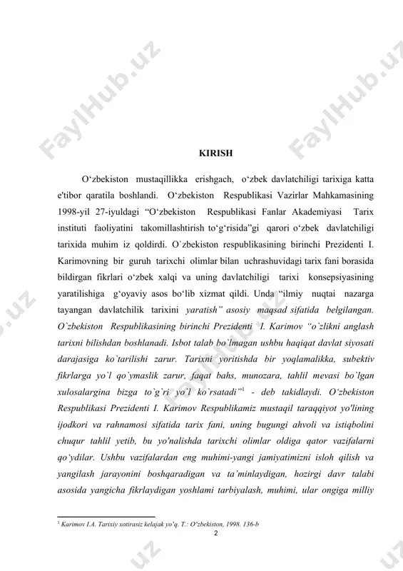 arajasiga ko`tarilishi zarur. tarixni yoritishda bir yoqlamalikka, subеktiv fikrlarga yo`l qo`ymaslik zarur, faqat bahs, munozara, tahlil mеvasi bo`lgan xulosalargina bizga to`g`ri yo`l ko`rsatadi” - deb takidlaydi. o‘zbekiston respublikasi prezidenti i. karimov respublikamiz mustaqil taraqqiyot yo'lining ijodkori va rahnamosi sifatida tarix fani, uning bugungi ahvoli va istiqbolini chuqur tahlil yetib, bu yo'nalishda tarixchi olimlar oldiga qator vazifalarni qo‘ydilar. ushbu vazifalardan eng muhimi-yangi jamiyatimizni isloh qilish va yangilash jarayonini boshqaradigan va ta’minlaydigan, hozirgi davr talabi asosida yangicha fikrlaydigan yoshlami tarbiyalash, muhimi, ular ongiga milliy istiqlol, vatanga sadoqat va yurtparvarlik g'oyalarini yanada chuqurroq singdirish va tyeran anglatishdan iboratdir. olimlar e’tirof etganlaridek, dunyo tarixi nihoyatda boy va rang-barangdir. har bir hududlar eng qadimgi davrlardan boshlab jahon sivilizatsiyasi o'choqlaridan biri hisoblanib, bu yyerda dunyo sivilizatsiyasidagi mahalliy xalqlarga xos tarixiy-madaniy jarayonlar bo'lib o'tgan. har bir davlatchilik hududlaridan dunyo sivilizatsiyasi tarixiy taraqqiyotida o'chmas iz qoldirgan olimu fuzalolar, davlat arbobiyu, sarkardalar yetishib chiqqanlarki, bugungi xalqlar ular bilan xaqli …