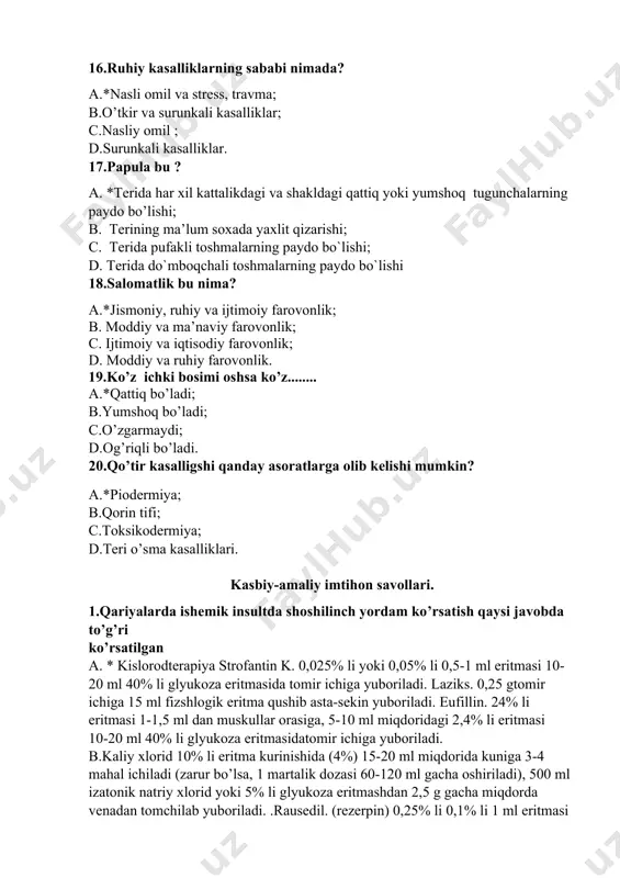 shib asta-sekin yuboriladi. eufillin. 24% li eritmasi 1-1,5 ml dan muskullar orasiga, 5-10 ml miqdoridagi 2,4% li eritmasi 10-20 ml 40% li glyukoza eritmasidatomir ichiga yuboriladi. b.kaliy xlorid 10% li eritma kurinishida (4%) 15-20 ml miqdorida kuniga 3-4 mahal ichiladi (zarur bo’lsa, 1 martalik dozasi 60-120 ml gacha oshiriladi), 500 ml izatonik natriy xlorid yoki 5% li glyukoza eritmashdan 2,5 g gacha miqdorda venadan tomchilab yuboriladi. .rausedil. (rezerpin) 0,25% li 0,1% li 1 ml eritmasi muskul orasiga yuboriladi. klofelin. ichish uchun 0,000075 g (0,075 mg) dan kuniga 2-4 marta beriladi. c. glyukoza 5%-400 ml tomir ichiga tomchi usulde yuboriladi. mezaton. kollaps paytida 1% li 0,3-1 ml eritmasini 40 ml 40% li glyukoza eritmasiga qushib, arterial bosimni tekshirib borgan holda venadan asta-sekin yuboriladi. uzoq muddatga buyurish lozim bo’lganida 250-500 ml 5% li glyukoza eritmasiga 1% li ertmasidan 1-2 ml solib, tomir ichidan tomchilab yuborib turiladi. kordiamin. kuniga 2-3 mahal 20-30 tomchidan …