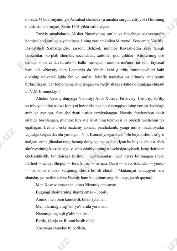 id “o‘lchovlar vazni” asari, tilshunoslikka oid “ikki til bahsi” asari, “ajam shohlari tarixi” tarixiy asarlari, “tarixi payg‘ambarlar va allomalar risolasi”, shuningdek, bir qator falsafa risolalarini yozgan. uning zamondoshlari va boshqalar. navoiy lirik shoir sifatida fors klassiklarining shogirdi edi. u g‘azalning shartli shakllarini o‘zgartirish yoki yo‘q qilishga urinmagan. aksincha, u bu sig‘imli lirik shakldagi bitmas-tuganmas she’riy salohiyatni o‘zining majburiy mavzulari – muhabbat (sevgilining g‘ayrioddiy go‘zalligini ulug‘lash, uning sovuqqonligidan nolasi, undan ayrilish iztiroblari) va, aytish mumkinki, “baxchik” (ichimlik shodligi, do‘stona suhbatni ulug‘lash, g‘alaba qozonish kosasi) bilan namoyon etgan. sharob soqichi) - va bir xil darajada majburiy shartli til bilan, tropiklarga juda boy. navoiyning lirik she'rlari tanishuvga qarshi bo'lib, shoir hayotidagi ma'lum voqealarga javob berishga zo'rg'a ishora qiladi. uning g‘azallari aslo voqea-hodisalarga boy emas. “fikrlar xazinasi” nomli keng qamrovli devon shoirning lirik e’tirofi sifatida namoyon bo‘lib, uning kechinmalarining boy to‘plamini nozik tarzda qamrab oladi, dante va petrarkadagidek ma’naviyatlangan, ammo yaqin sharq ilg‘or she’riyati …