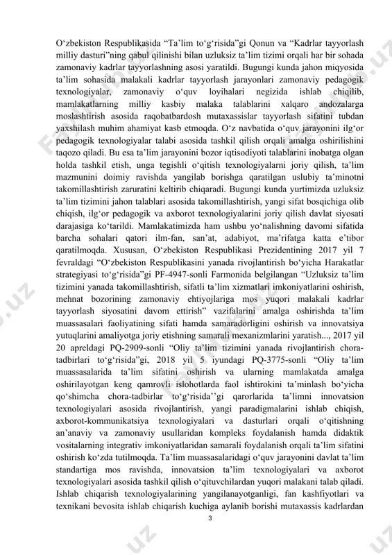 yangilab, to‘ldirib va kengaytirib borishni talab etadi. kimyo fanini ham oliy va orta maxsus va xalq talimida ham alohida yondashuv bilan interfaol va zamonaviy texnolagiyalar asosida o‘rganish zamon talabiga aylanib ulgurdi. bundan tashqari o‘zbekiston respublikasi prezidentining ‘‘kimyo va biologiya yo‘nalishlarida uzluksiz ta’lim sifatini va ilm-fan natijadorligini oshirish chora- tadbirlar’’ to‘g‘risida qarori qabul qilindi. qaror bilan kimyo va biologiya ta'limi isloh etilishi belgilangan. hujjat asosida respublikaning har bir hududida kimyo va biologiya fanlariga ixtisoslashtirilgan 14 ta tayanch ixtisoslashtirilgan maktablar tashkil etiladi. bunda abu ali ibn sino nomidagi yosh biologlar va kimyogarlar ixtisoslashtirilgan maktab-internati ushbu maktablar maqomiga moslashtiriladi.shuningdek, tuman (shahar)larda kimyo va biologiya fanlarini chuqurlashtirib o‘qitishga ixtisoslashtirilgan 150ta maktablar ochiladi.bu 164 ta maktabga otmlarning 55ta kafedrasi biriktiriladi. ularni moliyalash uchun qoraqalpog‘iston respublikasi vazirlar kengashi, viloyatlar va toshkent shahar hokimliklari huzurida yuridik shaxs maqomiga ega bo‘lmagan maxsus jamg‘armalar tashkil etiladi.2020/21 o‘quv yilida maktablarda tabiiy fanlar o‘quv dasturlarida amaliy mashg‘ulotlarning ulushini ko‘paytiriladi.bir oy muddatda …