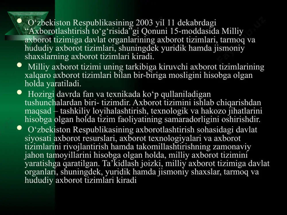 t resurslaridan oqilona foydalanishning eng muhim usullaridan biri bo'lib, hozirgi vaqtga qadar bir necha evolyutsion bosqichlarni bosib o'tdi. ana shu bosqichlarga qisqacha to’xtalib o'tamiz. 1-bosqich. xix asrning ikkinchi yarmigacha davom etgan. bo' bosqichda "qo'llik" axborot texnologiya taraqqiy etgan. uning vositasi: pero, siyohdon, kitob. kommunikatsiya, ya'ni aloqa odamdan odamga yoki pochta orqali xat vositasida amalga oshirilgan. 2-bosqich. xix asrning oxiri, unda "mexanik" texnologiya rivoj topgan. uning asosiy vositasi yozuv mashinkasi, arifmometr kabilardan iborat. 3-bosqich. xx asr boshlariga mansub bo'lib, "elektromexanik" texnologiyalar bilan farq qiladi uning asosiy vositalari sifatida telegraf va telefonlardan foydalanilgan. bu bosqichda axborot texnologiyasining maqsadi ham o'zgardi. unda asosiy urg'u axborotni tasvirlash shaklidan, uning mazmunini shaqllantirishga ko'chirildi. 4-bosqich. xx asr o'rtalariga to'g'ri qelib, "elektron" texnologiyalar qo'llanilishi bilan belgilanadi. bu texnologiyalarning asosiy vositasi ehmlar va ular asosida tashkil etiladigan avtomatlashtirilgan boshqarish tizimlari va axborot izlash tizimlaridir. axborot texnologiyasining vujudga kelishi va rivojlanishini belgilovchi ichki va tashqi omillar mavjud. ichki omillar …