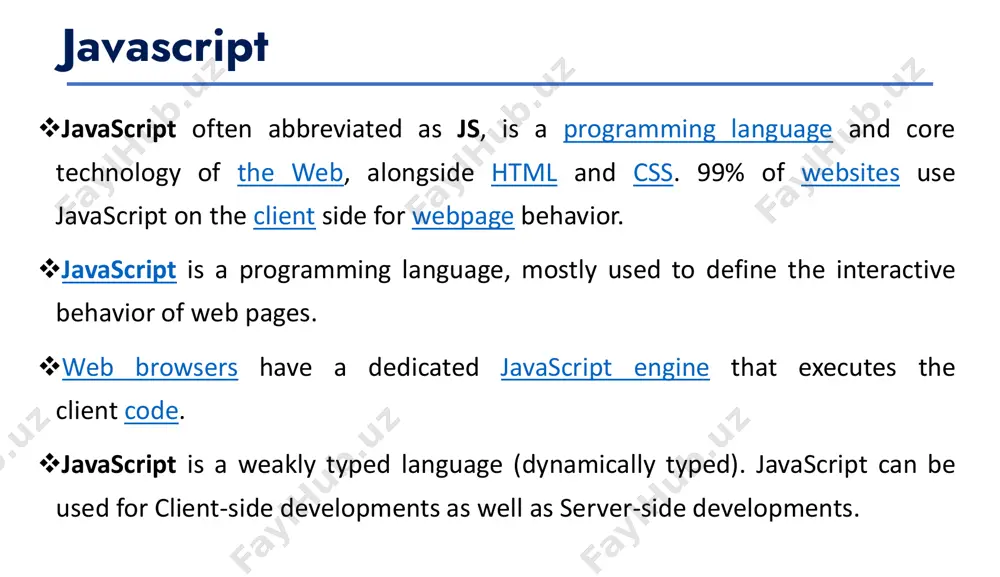 ("are you sure?"); console.log(isconfirmed); basic javascript input ❖javascript is a dynamically typed language, meaning you don't need to declare the data type of a variable before assigning a value to it. the interpreter automatically determines the data type based on the value assigned. primitive data types 1. number: represents numeric values, both integers and floating-point numbers. let age = 25; let pi = 3.14159; javascript data types 2. string: represents a sequence of characters enclosed in ‘’ or “” quotes. let name = "alice"; 3. boolean: represents a logical value, either true or false. let isloggedin = true; 4. undefined: variable that has been declared but not assigned a value. let x; // x is undefined ❖null: represents an intentional absence of any object value. let y = null; javascript data types ❖variables are containers that are used to store data. you can declare them using the following keywords: ✓var: …