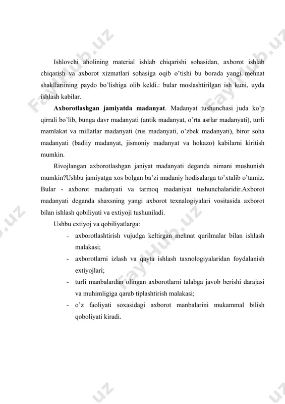 ekanligidan har bir kishidan uzluksiz ta’lim olish , vaqtdan orqada qolmaslik, kasbini o’zgartira olish, ijtimoiy tizimda o’z o’rnini egallashi talab etiladi. bu borada ta’lim olishning yangi usullari, xususan masofadan va multimediya vositalari yordamida ta’lim olish bu borada katta ahamiyat kasb etmoqda.axborot texnologiyalari mamlakatning chekka hududlarida yashovchi aholiga yashash joylarida mavjud bo’lmagan maxsus bilim resurslaridan foydalanish imkonini beradi.rivojlangan axborotlashgan jamiyatda axborot supermagistrallari ushbu imkoniyatni texnik jihatdan realizatsiyalaydi.to’plangan tajribalar shunu ko’rsatadiki, ta’lim tizimida multimedia vositalaridan foydalanish ta’lim effektivligini sezilarli oshirdi. o’quv materialining gipermatnli tuzilishi bilan birgalikda multimedia texnologiyalari o’qitishning yuqorieffektiv vositalarini yaratish imkonini beradi.bular – elektron kitoblar,multimedia – ensiklopediyalar,kompyuter-filmlar,berilganlar bazalari kabilardir.axborotlashgan jamiyatda maktab an’anviy sinf-dars tizimidan qisman yoki butunlay chetlashishi mumkin. bunda invalidlarni to’laqonli o’qitish tizimini tashkil qilish uchun barcha sharoitlar mavjud bo’ladi.shunga qaramay, yunesko ning bosh direktori f.mayor tomonidan bildirildgan:”texnologiyalar ulardan ta’lim tizimida foydalanish imkoniyatlaridan tezroq rivojlanmoqda”-. fikrning aktualligi hozirgacha saqlanib qolmoqda .yuqorida to’xtalib o’tilgan hodisalarning ma’lum qismini rivojlangan axborotlashgan jamiyat …