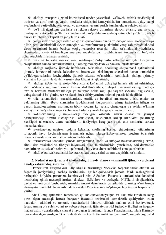 bo’lgan davrga mo’ljallangan ijtimoiy himoya tizimining yagona konsepsiyasi" ishlab chiqilgan. unda respublikada mavjud bo’lgan i.h. va ijtimoiy yordam, pensiya ta’mino-ti, bolalarga nafaqa to’lash, yolg’iz kek-salarga xizmat ko’rsatish, nogironlarni protez-ortopediya buyumlari, harakatlanish vositalari bilan ta’minlash, shuningdek, tibbiy, mehnat va ijtimoiy jihatdan tiklash, tibbiy xizmat, ishsizlarni ishga joylashtirish va moddiy yordam berish, bir yo’la (nomuntazam) yordam tizimlari asoslarida amalga oshirilishi belgilangan. 2. ijtimoiy sohani rivojlantirishga yo’naltirilgan aholi bandligi, sog’liqni saqlash tizimini takomillashtirish, xotin-qizlarning ijtimoiy-siyosiy faolligini oshirish, aholini uy-joylar bilan ta’minlash bandlik yoki aholini ish bilan ta’minlash - mehnatga layoqatli aholining ijtimoiy foydali mehnat bilan mashg’ul bo’lishi; fuqarolarning shaxsiy va ijtimoiy ehtiyojlarini qondirish bilan bog’liq bo’lgan va qonunlarga zid kelmaydigan, mehnat daromadi beradigan faoliyati.[1] bandlik xodimni ijtimoiy mehnat taqsimotiga asoslangan aniq mehnat kooperatsiyasiga jalb etish bo’yicha kishilararo munosabatlarni ifoda etadi. bandlik turli mulkchilik shakllaridagi korxonalar, tashkilotlar va muassasalarda yollanib ishlash bilan cheklanmay, ayni paytda tadbirkorlikni, o’zini ish bilan mustaqil ta’minlash (o’zicha bandlik)ni, shaxsiy …