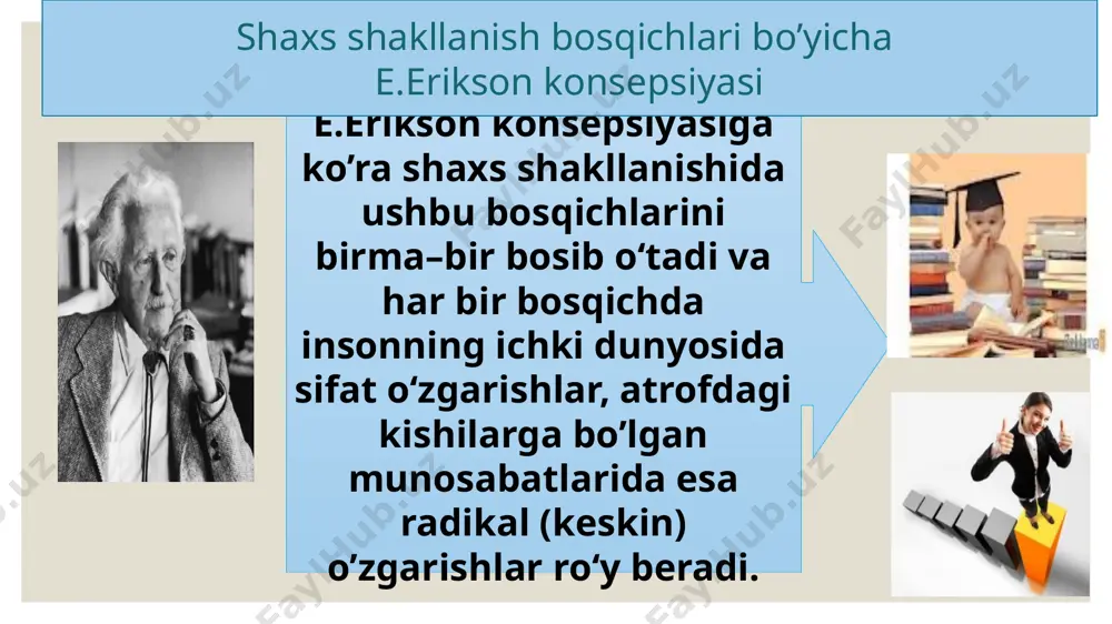 eb ataydi. u aqliy qobiliyatning bir necha xil o‘zaro farqlanishini ta’kidlab o‘tadi: 1.hisoblash qobiliyati. 2.og‘zaki verbal ixchamlik (egiluvchan), nutq orqali tez o‘qish. 3.og‘zaki ma’lumotlarni idrok qilish yoki idrok qilingan so‘zlarni tushunish. 4.fazoviy operatsiya qilish yoki chamalash qobiliyati. 5.xotira. 6.fikrlash (munozara)ga qobiliyatlilik. iq – nima? iq — (intelligence quotient) shaxs intellectual taraqqiyotining miqdoriy ko’rsatkichi; aqliy yoshning xronologik yoshga nisbati. 1912 yilda uilyam shtern tomonidan kiritilgan. bine testi negizida mezon ustida ishlagan va 1916 yildan stefod-bine testi bo’yicha birinchi marta iq tekshirilgan iq = aqliyy / хronologiky × 100. aqlli bolalarda 135—140 va undan yuqori chiqadi. iq ning 70 dan kam bo’lishi aqli zaiflikni anglatadi. bolani intellektini o’rganishda… джозеф рензулли роберт хартман bola bir savolga bir necha xil javob taklif etadi bola o’z fikrini erkin bildiradi, uni qat’iy himoya qiladi bola tavakkal qilishga moyil bo’ladi bta’sirchan bo’ladiola go’zallikka nisbatan bola boy xayolga ega bo’ladi, takomillashtirishni o’ylaydi. bola yaxshi rivojlangan yumor hissiga ega …