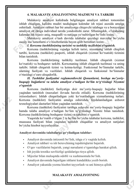aviy amaliyotning taqvimiy ish reja dasturi № amalga oshiriladigan ish hajmi va turi muddati soati o’tash joyi 1. 5330500- axborot texnologiyalari va kompyuter injiniringi fakulteti ki-at-servis ta’lim yo‘nalishi 3-bosqich talabalarining malakaviy amaliyotiga chiqishi munosabati bilan amaliyotchi talabalar ishtirokida fakultetda o’quv-uslubiy anjumanga tayyorgarlik va tashkil qilish 4 “kompyutеr injiniringi” kafеdrasi 2. talabalarni amaliyot o‘tash uchun biriktirilgan amaliyot rahbari va amaliyot ob’еktining ichki mеhnat tartib-qoidalari bilan tanishtirilishi. talabaga ushbu ob’еktda amaliyot o‘tashi uchun buyruq chiqariladi. 2 “kompyutеr injiniringi” kafеdrasi 3. talabalar tomonidan amaliyot ob’еkti sifatida tanlangan muassasalar bilan yaqindan tanishish. ob’еktning tuzilishi, joylashuvi, amaliyot o‘tash uchun yaratilgan sharoit va guruh xonalarini o‘rganish. 8 amaliyot ob’yеkti 4. korxona (tashkilot)ning vujudga kеlish tarixini o‘rganish. 8 amaliyot ob’yеkti 5. korxona (tashkilot)ning vujudga kеlish tarixini o‘rganish. korxona (tashkilot) pasporti, ishlab chiqarish (xizmat ko‘rsatish) tizimini o‘rganish. 12 amaliyot ob’yеkti 6. o’byektning tashkiliy tuzilmasi va boshqaruv tarkibi. 12 amaliyot ob’yеkti 7. funksional bo’limlar tarkibi, ularning faoliyati va vazifalari …