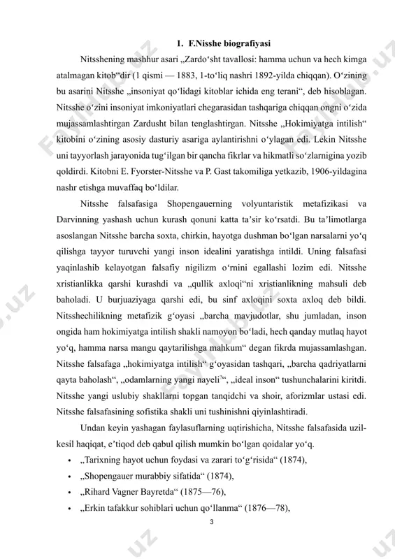 ng uqtirishicha, nitsshe falsafasida uzil-kesil haqiqat, eʼtiqod deb qabul qilish mumkin boʻlgan qoidalar yoʻq. · „tarixning hayot uchun foydasi va zarari toʻgʻrisida“ (1874), · „shopengauer murabbiy sifatida“ (1874), · „rihard vagner bayretda“ (1875—76), · „erkin tafakkur sohiblari uchun qoʻllanma“ (1876—78), · „tong yalligʻi“ (1881), · „quvnoq bilim“ (1882), · „yovuz donishmandlik: hikmatlar va dono soʻzlar“ (1882—85), · „axloqning mohiyati“ (1887). 2. f.nisshe “axloq genealogiyasiga” asari axloq kishining jamiyatda tutgan o‘rnini belgilab berar ekan, bu bilan kishi axloqiy harakat qilish lozim bo‘lgan maqsadni ham asoslab beradi. bu o‘rinda axloqiy ta’limotlar tipologiyasi, tasnifi muammosiga ahamiyat berib, naturalizm etikasida keng tarqalgan gedonizm, evdemonizm, utilitarizm haqida to‘xtalamiz. gedonizm – yunoncha so‘z bo‘lib, huzur-halovat, lazzat ma’nosini anglatadi. bu ta’limotga ko‘ra, huzur-halovat etika nazariyasidagi axloqiy talablarni asoslash prinsipidir, azob-uqubatdan qutqaruvchi tabiiy yaxshilikdir. baxt-saodat keltiruvchi huzur-halovat shunday narsa bo‘lishi kerakki, uning ketidan dard-alam, yomonlik kelmasligi kerak. insonga tabiat tomonidan berilgan va uning butun amaliy faoliyatini belgilaydigan harakatlantiruvchi …