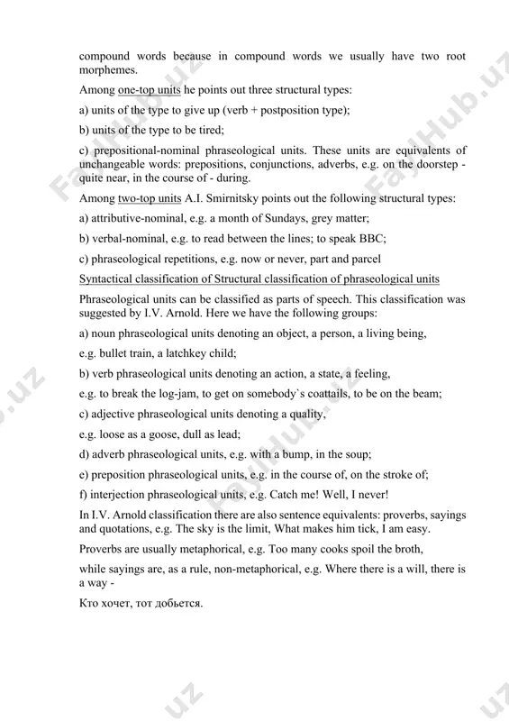 raseological units are word-groups that cannot be made in the process of speech, they exist in the language as ready-made units. they are compiled in special dictionaries. like words, phraseologocal units express a single notion and are used in a sentence as one part of it. american and british lexicographers call such units idioms. 3 types of lexical combinability of words: 1). free combination grammatical properties of words are the main factor of their combinability. ex.: i'm talking to you. you are writing. free combinations permit substitution of any of its elements without semantic change of the other element. collocations. ex.: to commit a murder blue sky bright day they are the habitual associations of a word in a language with other particular words. speakers become accustomed to such collocations. very often they are related to the referential & situational meaning of words. sometimes there are collocations, which are removed …