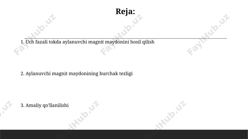 an tok yordamida stator magnit maydoni 3 ta fazali o'ramning faza siljishini hisobga olgan holda hosil bo'ladi, bu esa aylanuvchi maydonni 50 hz chastota bilan hosil qilish imkonini beradi. amaliy qo'llanmalar va misollar uch fazali o'zgaruvchan tok motorlarining 3000 aylanish tezligiga ega bo'lgan 220 kvt quvvatli nasoslarni boshqarishda, masalan, toshkentdagi suv ta'minoti tizimlarida qo'llaniladi. samarkand viloyatida joylashgan 10 mw quvvatli shamol elektr stansiyasida, generatorlarning samarali ishlashi uchun 3-fazali aylanuvchi magnit maydonidan foydalaniladi, bu esa 1500 aylanish tezligiga erishishga imkon beradi. magnit maydonining aylanish tezligini hisoblash magnit maydonining aylanish tezligini hisoblash uchun, 50 hz chastotali uch fazali tok manbaidan foydalanilganda, aylanish tezligi 3000 aylanish/minut bo'ladi, bu esa moskva shahridagi elektr motorlarining ko'pchiligida qo'llaniladi. magnit maydonining aylanish tezligi, toshkentdagi sanoat korxonalarida ishlatilayotgan 6 qutbli motorlarda, 1000 aylanish/minutga teng bo'lganda, 50 hz chastotasi bilan ishlaydigan generatorning aylanish tezligi aniqlanishi mumkin. chastota va aylanish tezligi o'rtasidagi bog'liqlik uch fazali o'zgaruvchan tokda magnit maydonining aylanish …