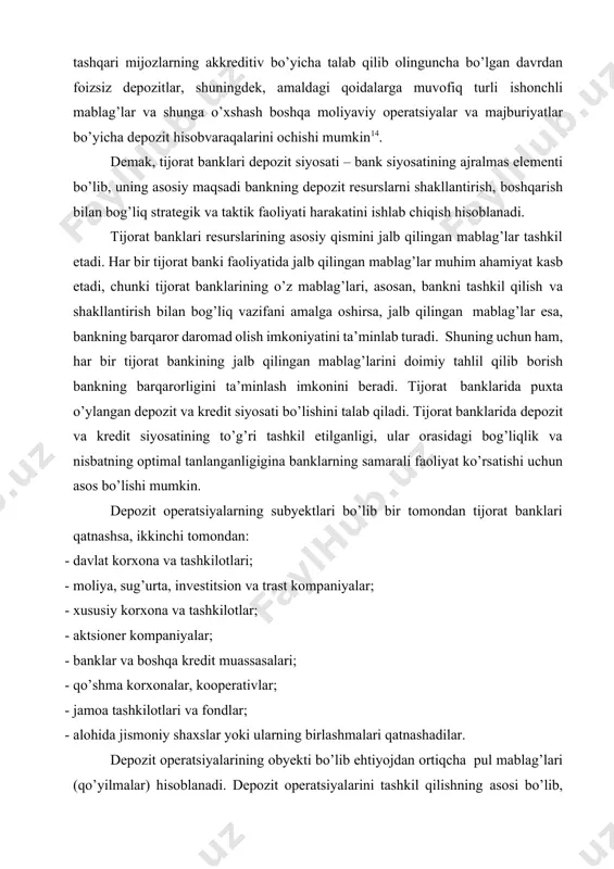 t siyosati bo’lishini talab qiladi. tijorat banklarida depozit va kredit siyosatining to’g’ri tashkil etilganligi, ular orasidagi bog’liqlik va nisbatning optimal tanlanganligigina banklarning samarali faoliyat ko’rsatishi uchun asos bo’lishi mumkin. depozit operatsiyalarning subyektlari bo’lib bir tomondan tijorat banklari qatnashsa, ikkinchi tomondan: · davlat korxona va tashkilotlari; · moliya, sug’urta, investitsion va trast kompaniyalar; · xususiy korxona va tashkilotlar; · aktsioner kompaniyalar; · banklar va boshqa kredit muassasalari; · qo’shma korxonalar, kooperativlar; · jamoa tashkilotlari va fondlar; · alohida jismoniy shaxslar yoki ularning birlashmalari qatnashadilar. depozit operatsiyalarining obyekti bo’lib ehtiyojdan ortiqcha pul mablag’lari (qo’yilmalar) hisoblanadi. depozit operatsiyalarini tashkil qilishning asosi bo’lib, balans likvidliligi, mijozlarning moliyaviy ahvolining barqarorligi hisoblanadi. depozit operatsiyalari tijorat banklarining depozit siyosatini amalga oshirish orqali ta’minlanadi, ya’ni:depozit operatsiyalari bank daromadining oshishga yoki kelajakda daromad olishga sharoit yaratishi kerak; · bank balansining likvidliligini saqlash maqsadida depozit siyosatini amalga oshirish kerak; · depozit operatsiyalarini amalga oshirishda muddatli qo’yilmalarga e’tibor qaratish lozim; · …