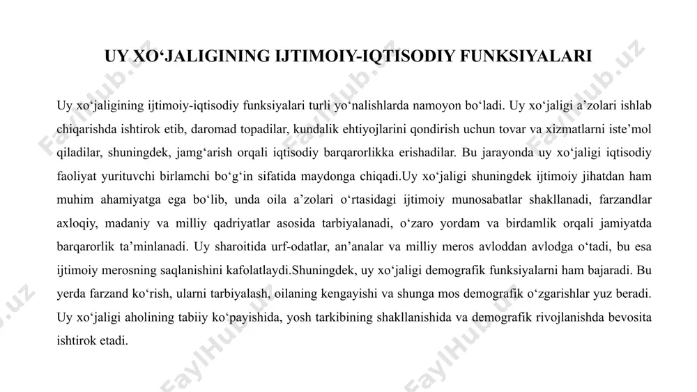 arkazlari, kasb-hunar kollejlari va qisqa muddatli o‘quv kurslari orqali turli yoshdagi fuqarolar zamonaviy va talabgir sohalarda malaka olish imkoniga ega bo‘lmoqda. bu esa o‘z navbatida ularning ish topish ehtimolini oshirib, barqaror daromad manbaini ta’minlaydi. uy xo‘jaliklari doirasida har bir a’zoning iqtisodiy faol bo‘lishi va kasbiy jihatdan o‘zini rivojlantirishi oila daromadining ortishiga va ijtimoiy farovonlikning kuchayishiga xizmat qiladi. xulosa uy xo‘jaligi va oila jamiyatning asosiy elementlari sifatida o‘zaro chambarchas bog‘liq bo‘lib, ularning ijtimoiy-iqtisodiy rivojlanishdagi ahamiyati katta. uy xo‘jaliklarining tarkibi, demografik holati va iqtisodiy faoliyati davlat siyosatining asosiy yo‘nalishlaridan biri sifatida belgilangan bo‘lib, bu sohada amalga oshirilayotgan tadbirlar jamiyatning barqaror rivojlanishiga xizmat qiladi.moliyaviy savodxonlik, tadbirkorlikni rivojlantirish va bandlikni ta’minlash orqali uy xo‘jaliklarining farovonligini oshirish mumkin. ushbu sohalarda amalga oshirilgan chora-tadbirlar oila daromadlarining oshishiga, iqtisodiy barqarorlikning mustahkamlanishiga va ijtimoiy muammolarni hal qilishga yordam beradi.shu bilan birga, uy xo‘jaliklarining samarali faoliyatini ta’minlash uchun ijtimoiy infratuzilmani rivojlantirish, kasb-hunar o‘rgatish va moliyaviy xizmatlardan to‘g‘ri foydalanish kabi …