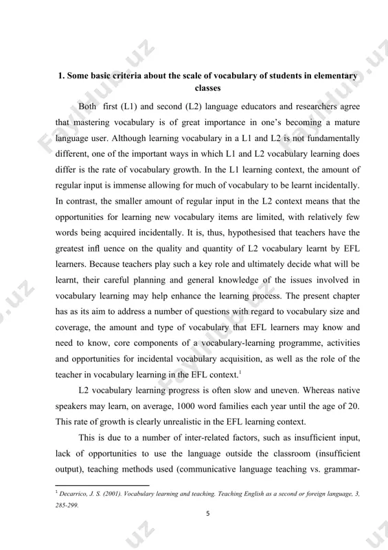as few as 18 words in one year), while the learners with greater exposure learnt as many as 430 words in one year. perhaps, most disappointingly, the study revealed that after nine years of english language instruction, less than half of all the learners had mastered the words in the ﬁrst 1000 word families. more disappointingly still, only 16 % of the learners had mastered the words in the second 1000 word families. similar to nurweni and read, webb and chang highlighted the need to speciﬁcally focus on the high-frequency words, that is, those in the ﬁ rst and second 1000 word families. according to nation, one of the ways of deciding on vocabulary learning goals in an english language-learning programme is to look at native speaker’s vocabulary size. it is estimated that a well-educated native speaker of english knows about 20,000 word families, or around 32,000 vocabulary items, excluding …
