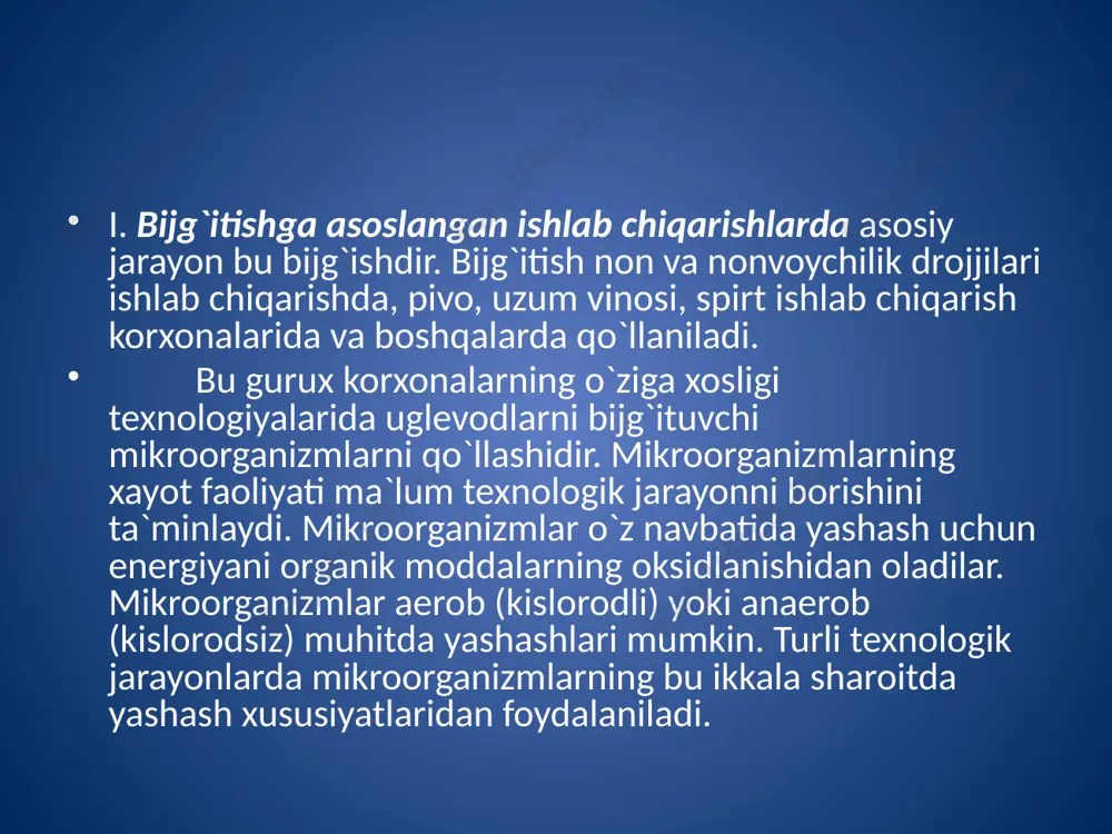 axsulotlari hamda sovun ishlab chiqarishda, etilenni gidrotatsiyalab, etil spirti ishlab chiqarishda va boshqalarda qo`llaniladi. ko`rib chiqilgan to`rt gurux ishlab chiqarishlarning har birida o`ziga xos asosiy jarayonlar, ularning tushunchalari va qonuniyatlari mavjud. kuyida har bir guruxga mansub jarayonlarning asosiy tushunchalari bilan tanishamiz va asosiy qonuniyatlarni ta`riflaymiz. birinchi gurux ishlab chiqarish korxonalaridagi bijg`itish texnologiyasining asosini mikrobiologik va biokimyoviy jarayonlar tashkil qiladi. bu jarayonlar xomashyodagi yoki mikroorganizmlar ajratib chiqaradigan fermentlar yordamida boradi. ma`lumki, fermentlar bu biokatalizatorlardir, ularning tabiati, turlari, tabiatda tarqalishi, xususiyatlari bilan «biokimyo» kursida to`liq tanishilgan. biotexnologik jarayonlarni xarakatlantiruvchi yana bir kuch bu drojjilardir. ular bir xujayrali mikroorganizmlar bo`lib, ularning tuzilishi, turlari, ko`payishi va boshqalar xaqidagi to`liq ma`lumot «mikrobiologiya» kursida to`liq o`rganiladi. texnologik jarayonlarda mikroorganizmlarning xomashyolarga ta`siriga keladigan bo`lsak, ularning hayot faoliyati natijasida sintezlangan va ajralib chiqqan fermentlar ishtirokida boradigan biokimyoviy o`zgarishlar natijasida, maxsulot xosil qilinadi. turli mikroorganizmlar turli fermentlar sintezlaydi. masalan, spirt ishlab chiqarishda mog`or zamburug`larining yoki solodning (undirilgan arpa) amilaza …