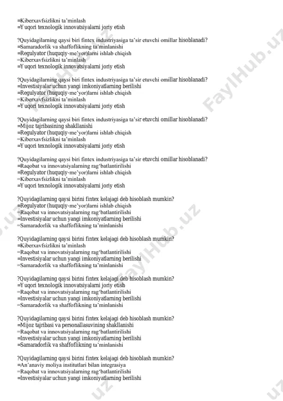 mkin? =yuqori texnologik innovatsiyalarni joriy etish =raqobat va innovatsiyalarning rag‘batlantirilishi =investisiyalar uchun yangi imkoniyatlarning berilishi =samaradorlik va shaffoflikning ta’minlanishi ?quyidagilarning qaysi birini fintex kelajagi deb hisoblash mumkin? =mijoz tajribasi va personallasuvining shakllanishi =raqobat va innovatsiyalarning rag‘batlantirilishi =investisiyalar uchun yangi imkoniyatlarning berilishi =samaradorlik va shaffoflikning ta’minlanishi ?quyidagilarning qaysi birini fintex kelajagi deb hisoblash mumkin? =an’anaviy moliya institutlari bilan integrasiya =raqobat va innovatsiyalarning rag‘batlantirilishi =investisiyalar uchun yangi imkoniyatlarning berilishi =samaradorlik va shaffoflikning ta’minlanishi ?kompyuterlarning texnik ko’rsatkichlarini o‘rganish qaysi tahlil vazifasiga tegishli? =asbob-uskunaning tahlili =tizim infratuzilmasining tahlili =dasturiy ta’minotining tahlil =raqamli iqtisodiyot tahlili ?internet tezligi ko’rsatkichlarini o‘rganish qaysi tahlil vazifasiga tegishli? =asbob-uskunaning tahlili =tizim infratuzilmasining tahlili =dasturiy ta’minotining tahlil =raqamli iqtisodiyot tahlili ?ip telefoniyaning mavjudligini o‘rganish qaysi tahlil vazifasiga tegishli? =tizim infratuzilmasining tahlili =asbob-uskunaning tahlili =dasturiy ta’minotining tahlil =raqamli iqtisodiyot tahlili ?korporativ pochtaning mavjudligini o‘rganish qaysi tahlil vazifasiga tegishli? =tizim infratuzilmasining tahlili =asbob-uskunaning tahlili =dasturiy ta’minotining tahlil =raqamli iqtisodiyot tahlili ?antivirusning mavjudligini o‘rganish …