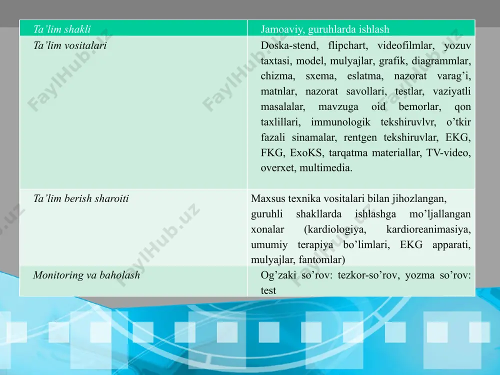 rarlanishiga ham sababchi bo’ladi. -kelajakda to’g’ri va o’ziga ishongan xolda, logik va kritik fikrlashni, kasbiga ma’suliyatli yondoshishni talabada shakllantirish. - bo’lajak shifokorni shakllantirishda miokard infarktini tasniflash, klinikasi va kiyosiy tashxisini bilish muhim o’rin egallaydi. olingan teoretik bilimlar va amaliy ko’nikmalar hajmi talabaga kelajakdagi amaliyotida yordam beradi. fanlararo va fanlar ichra aloqalar dars davomida olingan bilimlar normal va patologik anatomiya, gistologiya, normal va patologik fiziologiya, bioximiya, reanimatologiya yo’nalishlarida kerak bo’ladi. fan ichidagi bog’liqlik: dars davomida olingan bilimlar revmatologiya, kardiorevmatologiya, kardiologiya, gematologiya fanlarini o’rganilganda kerak bo’ladi nazorat savollari podagra kasalligi etiologiyasi. podagra kasalligi patogenezi. podagra kasalligi tasnifi. podagra kasalligi klinik manzarasi. podagra kasalligi qiyosiy tashxisi. podagra kasalligini davolashning asosiy printsiplari. podagra kasalligining kechishi, prognozi. asosini purin almashinuvining buzilishi va to'qimalarda siydik kislotasi tuzlarining ortiqcha to'planishi tashkil qiladigan organizmning umumiy kasalligi bo'lib, bo'g'imlarning, buyrak va boshqa ichki azolarning o'ziga hos zararlanishi bilan kechadi. podagra purin almashinuv yo’llari nuklein kislotalarning yarmi purin nukleotidlariga tog’ri …