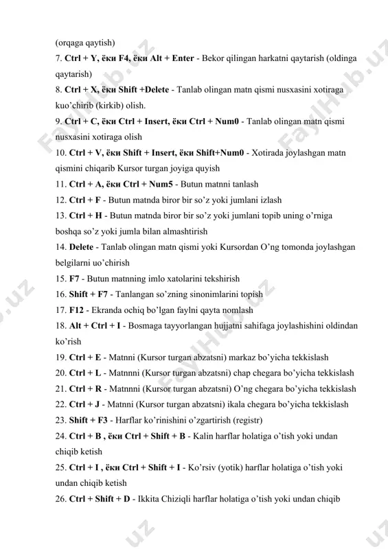 osmaga chiqarishga oid parametrlardan iborat dialog oynasini hosil qilish. bu oyna orqali qaysi printerda, qaysi varaqlarni (hammasi, ekranda ko’rinib turgan, raqami ko’rsatilgan) pechatlash, nechta nusxada va kanaka holda nusxalarni pechatlash, bitta kogozda nechta varaqada joylashtirish va boshqa xususiyatlarini o’zgartirish mumkin. bundan tashqari svoystva tugma yordamida biz tanlagan printer xususiyatlarini va uni ishlash holatlarini o’zgartirishimiz mumkin. 11. отправить - faylni boshqa kompterga jo’natish 12. свойства - fayl haqida ma‘lumotlar saqlash правка menyusi komandalarining mazmuni: 1. отменить изменения - ma‘lumotlarni o’zgartirishga olib kelgan oxirgi bajarilgan harakatni bekor qilish (orqaga qaytish). 2. повторить - bekor qilingan harkatni qaytarish (oldinga qaytarish) 3. вырезать - tanlab olingan matn qismi nusxasini xotiraga kuo’chirib (kirkib) olish 4. копировать - tanlab olingan matn qismi nusxasini xotiraga olish 5. вставить - xotirada joylashgan matn qismini chiqarib kursor turgan joyiga quyish 6. специальная вставка - xotirada joylashgan matn qismini chiqarib kursor turgan joyiga har xil ko’rinishda quyish buni amalning dialog …