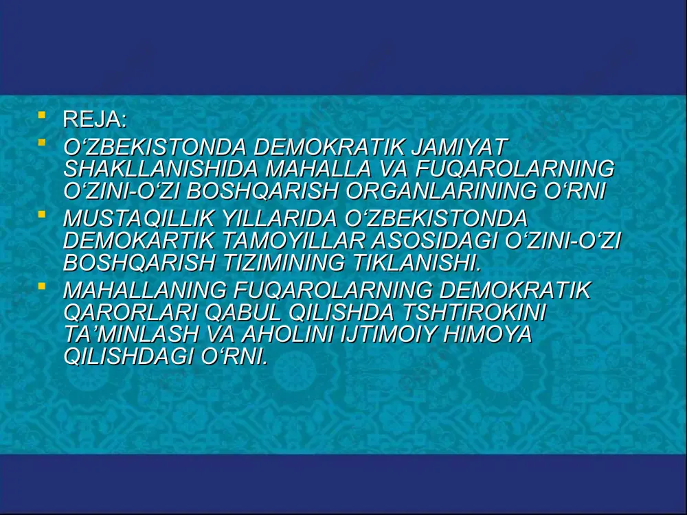 1100 yil ilgari bir qancha mahalla bo‘lganligini yozgan edi. qadimda mahalla nafaqat ijtimoiy va ma’muriy-hududiy tuzilma tarzida ham e’tirof etilgan. alisher navoiyning «hayratul-abror» («yaxshi kishilarning hayratlanishi») asarida qo‘yidagi band uchraydi: shaharlar otini mahalot etib, bo‘ldi chu yuz shahar hirot etib. mahallaning «shahar ichidagi shaharcha» degan mazmuni yuqoridagi tashbehdan ko‘rinib turibdiki, o‘rta asarlarda hiri deb atalgan hirot shahri yuz «shaharcha»-mahallalardan tashkil topgan ekan demak, qadim zamonlardayoq bugun biz ta’rif berayotganimiz fuqarolik jamiyatining, kishilarning o‘zini-o‘zi boshqarish organlarining ilk kurtaklari namoyon bo‘la boshlagan. sharqda bu jarayon ming yillar tarixga ega bo‘lgan mahallalar ko‘rinishida rivojlangan bo‘lsa, g‘arb mamlakatlarida kishilarning o‘z manfaat va qiziqishlarini jamiyatda kechayotgan jarayonlardan kelib chiqib ifodalash va himoya qilish maqsadida har xil uyushmalar ratiyalar, jamiyatlar, harakatlar va boshqa tuzilmalar sifatida paydo bo‘lishiga asos solindi