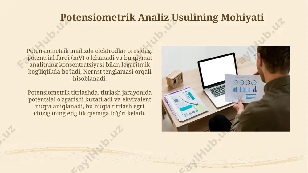 gan namunani 100 ml hajmgacha aniq o'lchov kolbasida dissolyutsiyaga soling va aralashtiring. yangi texnologiyalar va tendentsiyalar potensiometrik analiz usulida ion-selektiv elektrodlarning qo‘llanilishi so‘nggi 10 yilda 30% ga oshgan bo‘lib, bu yuqori aniqlikdagi o‘lchashlarni ta’minlaydi. sun'iy intellekt algoritmlari potensiometrik ma'lumotlarni qayta ishlash va tahlil qilishda aniqlikni 5-10% ga oshirdi, bu esa avtomatlashtirish darajasini yuqori darajaga ko‘tarmoqda. aniqlik va takrorlanuvchanlik potensiometrik analizda aniqlik 0,1 mv gacha yetishi mumkin, bu esa konsentratsiyani aniqlashda ±0,5% nisbiy xatolikka toʻgʻri keladi. takrorlanuvchanlik odatda standart deviatsiya bilan ifodalanadi va yaxshi oʻlchovlar uchun 0,2 mv dan kam boʻlishi kerak. e'tiboringiz uchun rahmat @taqdimot_robot image2.jpg image3.jpg image4.jpg image5.jpg image6.jpg image7.jpg image8.jpg image9.jpg image10.jpg image11.jpg image12.jpg image13.jpg image14.jpg image15.jpg image16.jpg image17.jpg image18.jpg